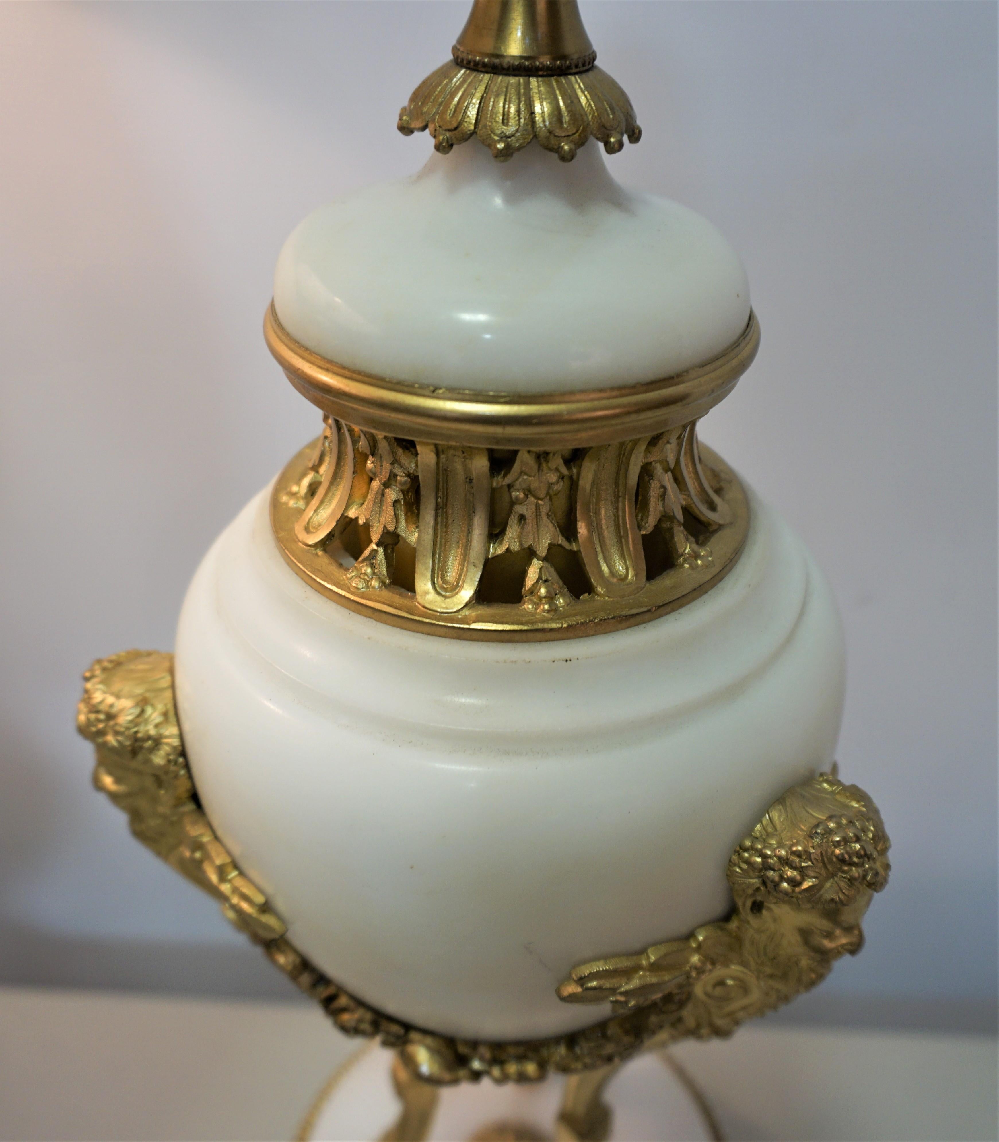 Silk Pair of French, 19th Century Gilt Bronze and Marble Urn Lamps