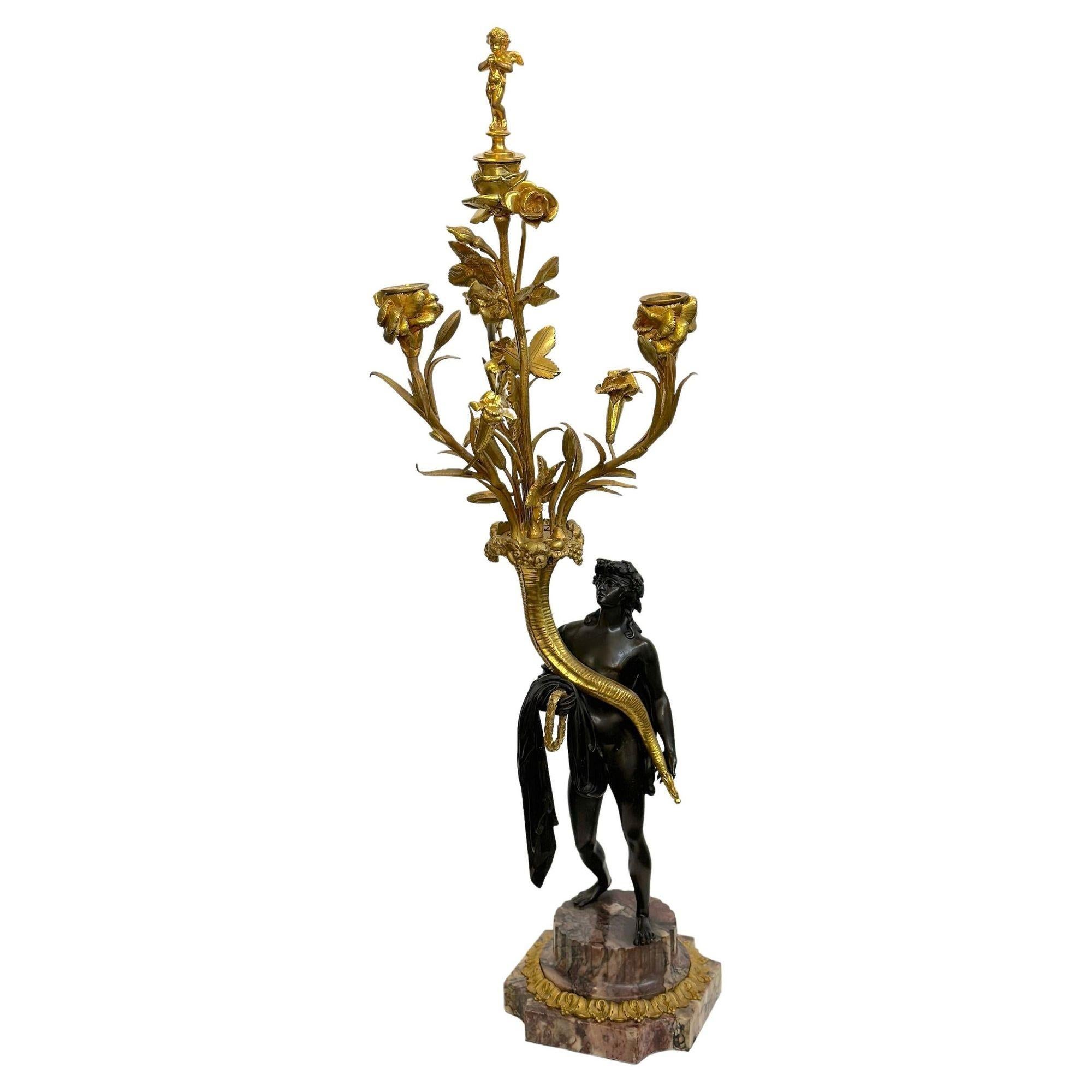 Pair of French 19th Century Gilt Bronze Candelabras with Marble Base In Good Condition For Sale In Los Angeles, CA