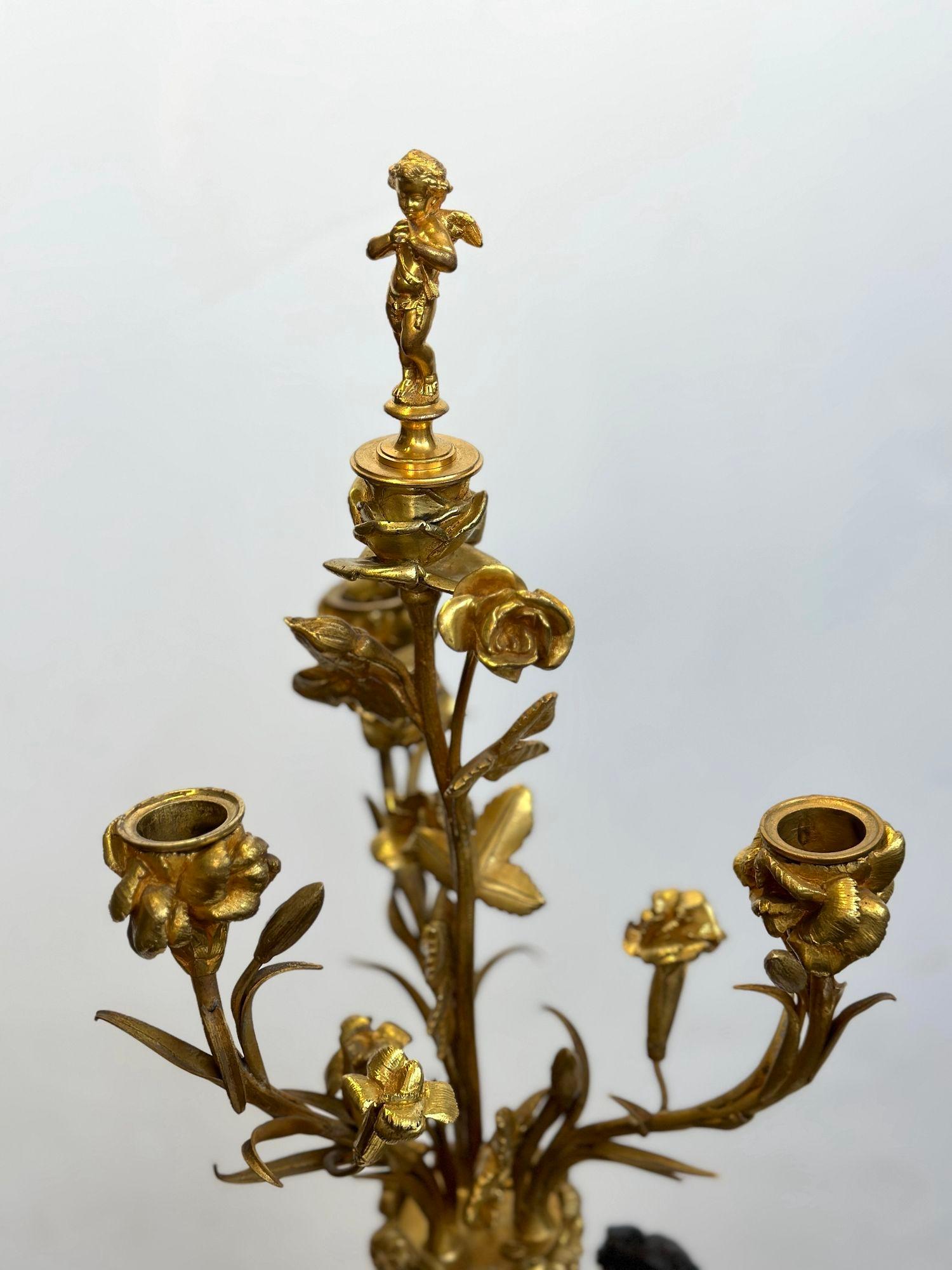 Pair of French 19th Century Gilt Bronze Candelabras with Marble Base For Sale 6