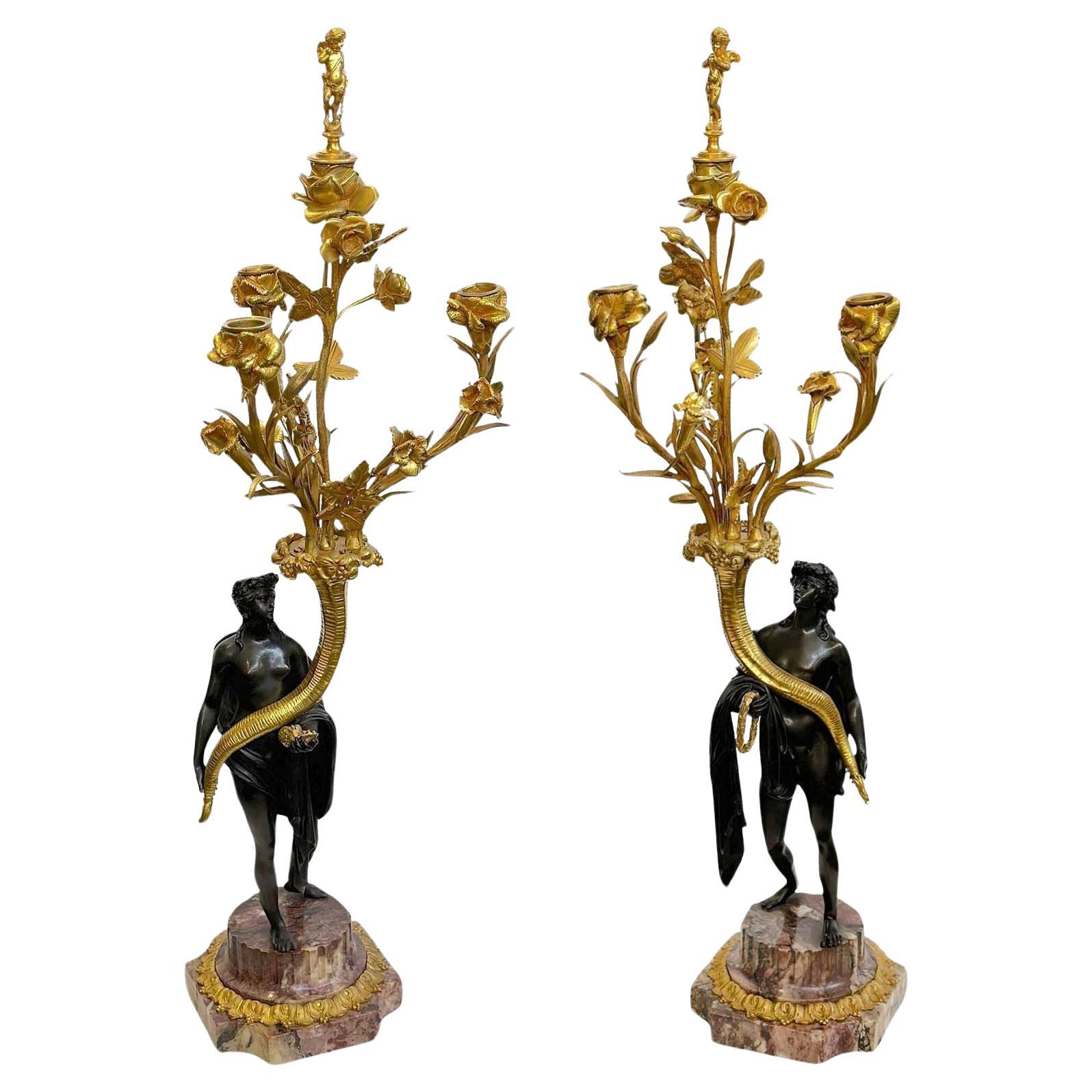 Pair of French 19th Century Gilt Bronze Candelabras with Marble Base For Sale