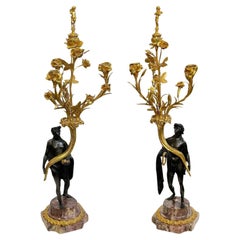Antique Pair of French 19th Century Gilt Bronze Candelabras with Marble Base