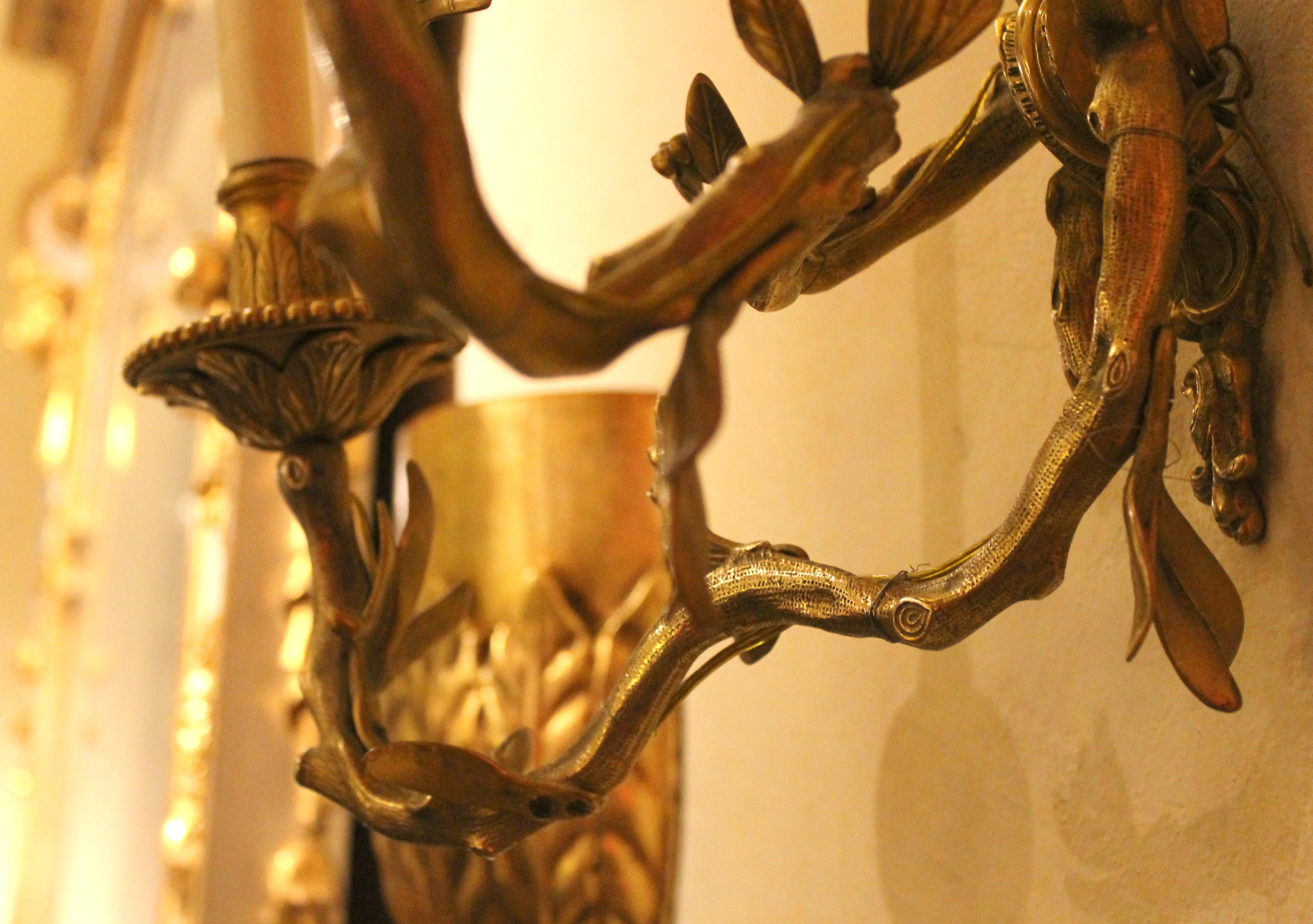 Pair of French 19th Century Gilt Bronze Three Lights Faux Bamboo Foliate Sconces (Vergoldet)