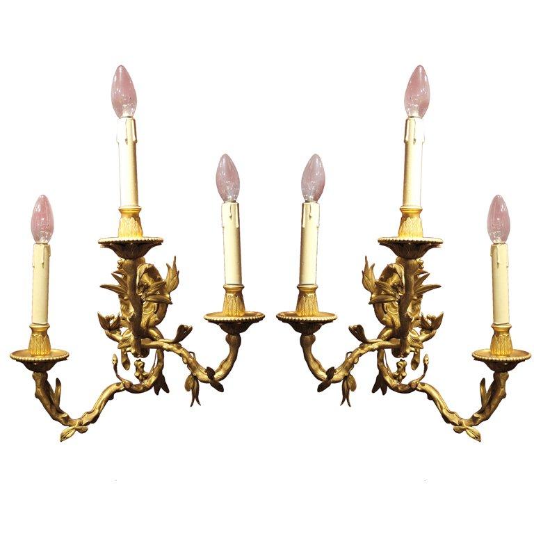 Pair of French 19th Century Gilt Bronze Three Lights Faux Bamboo Foliate Sconces