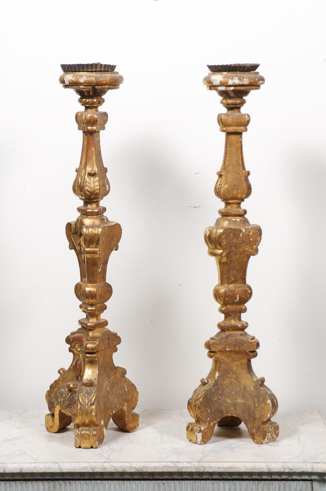 Pair of French 19th Century Gilt Candlesticks with Carved Foliage and Volutes For Sale 6
