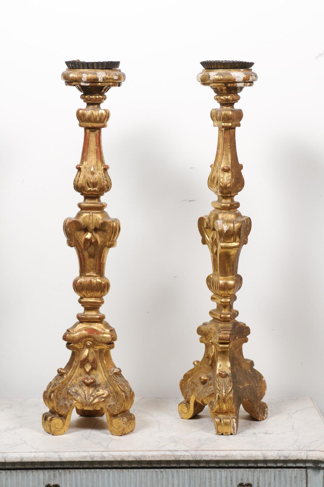 Pair of French 19th Century Gilt Candlesticks with Carved Foliage and Volutes For Sale 7