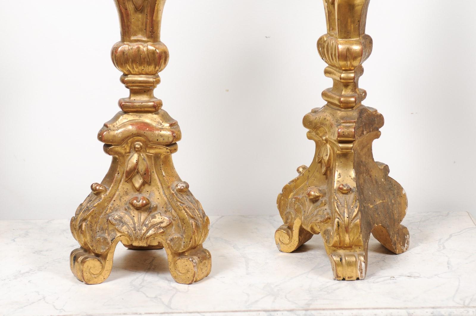 Pair of French 19th Century Gilt Candlesticks with Carved Foliage and Volutes For Sale 8