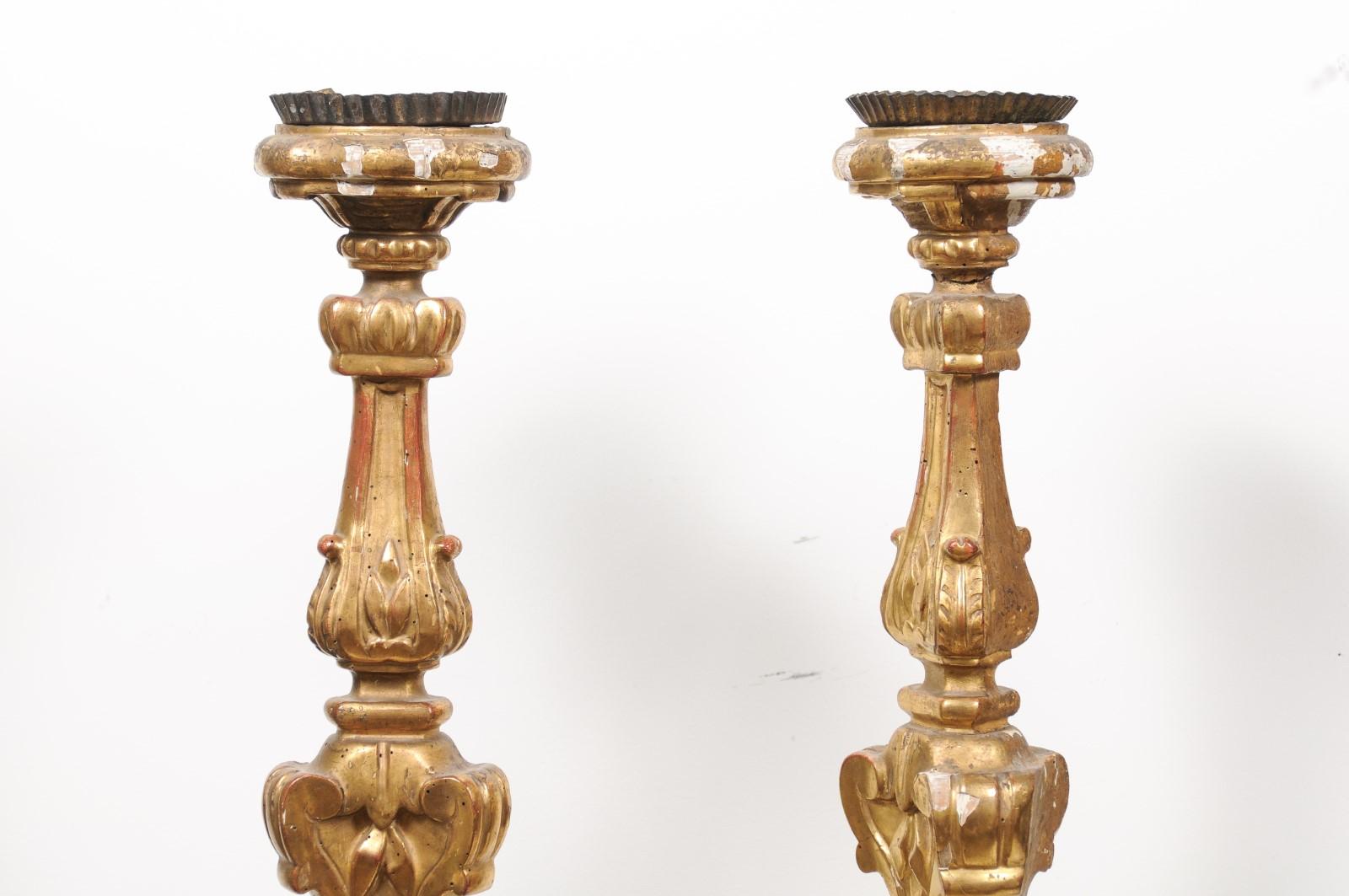 Pair of French 19th Century Gilt Candlesticks with Carved Foliage and Volutes For Sale 9