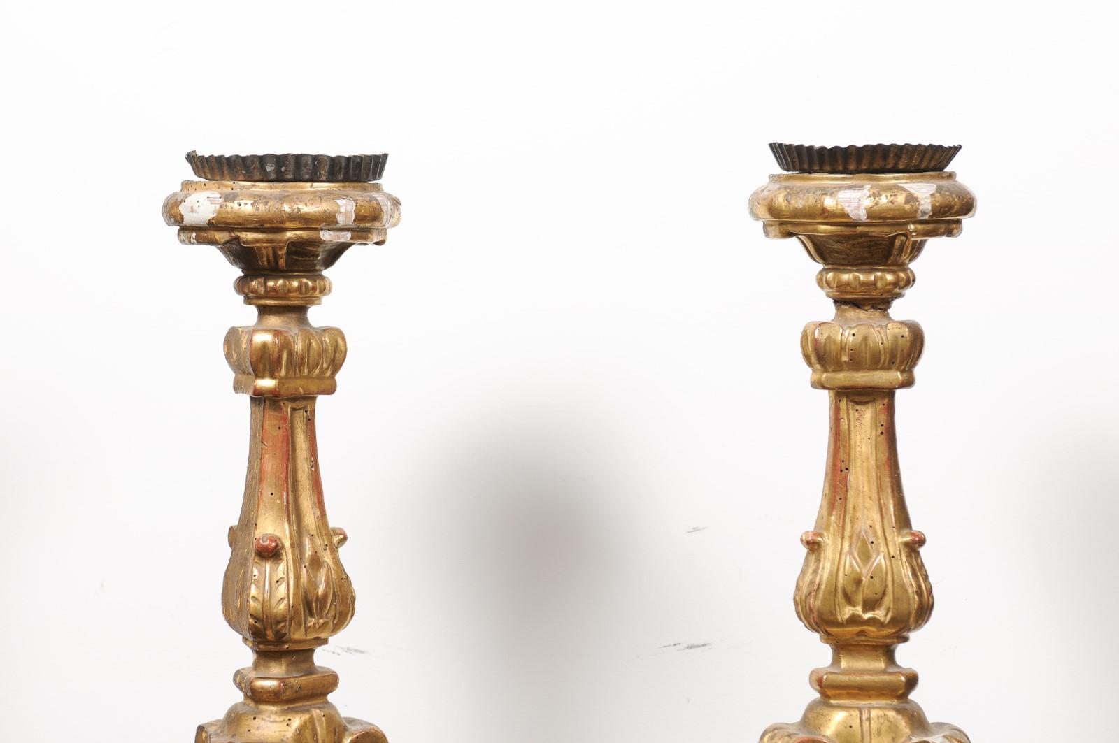 Pair of French 19th Century Gilt Candlesticks with Carved Foliage and Volutes In Good Condition For Sale In Atlanta, GA