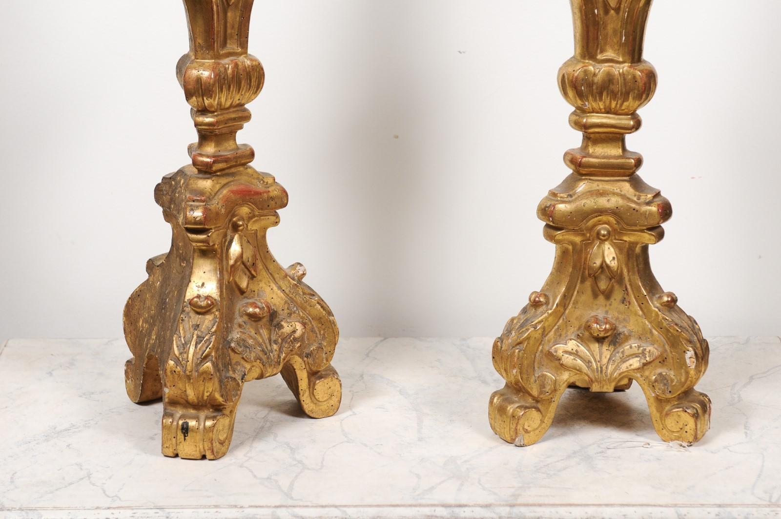 Pair of French 19th Century Gilt Candlesticks with Carved Foliage and Volutes For Sale 1
