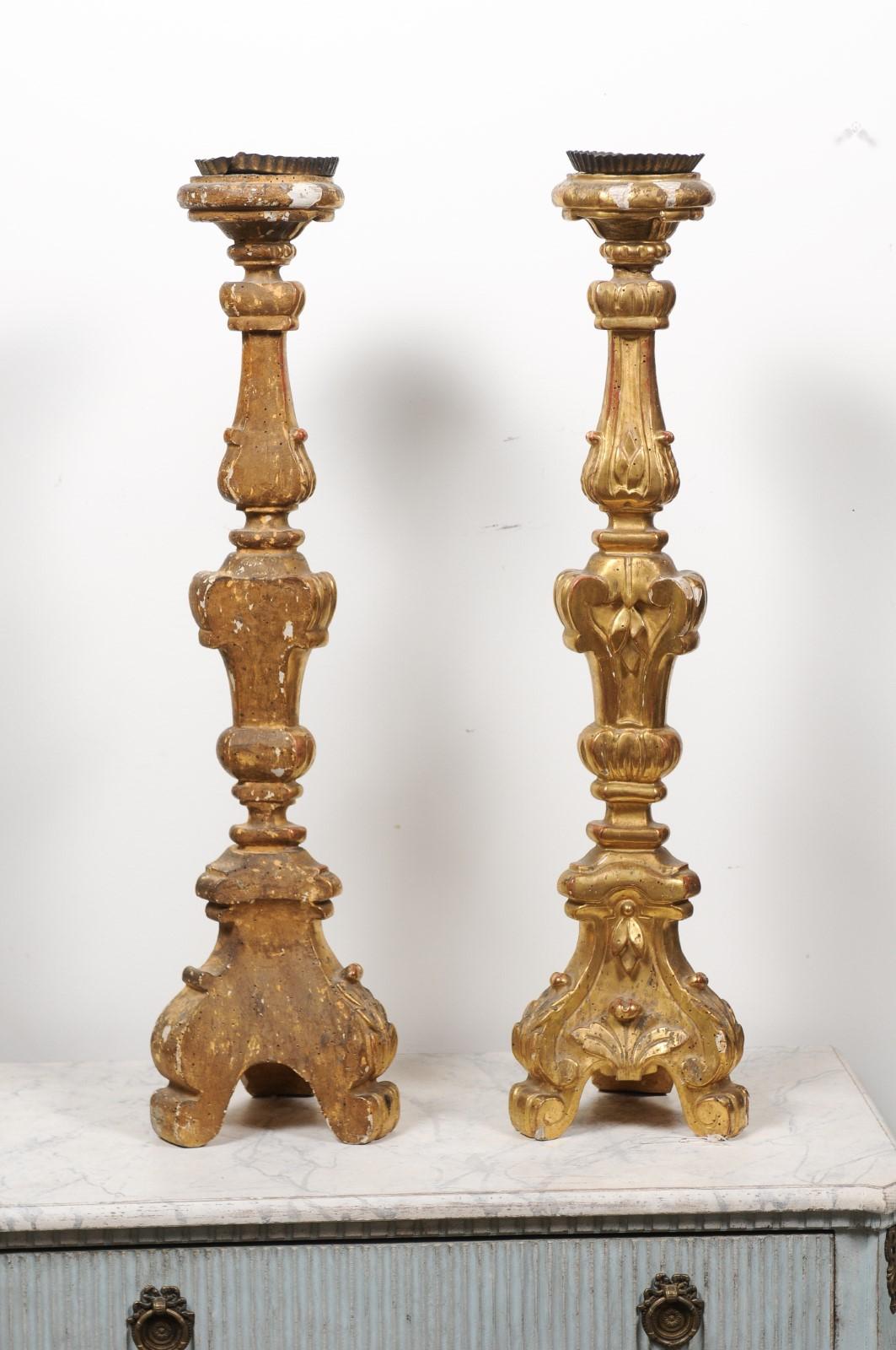 Pair of French 19th Century Gilt Candlesticks with Carved Foliage and Volutes For Sale 3