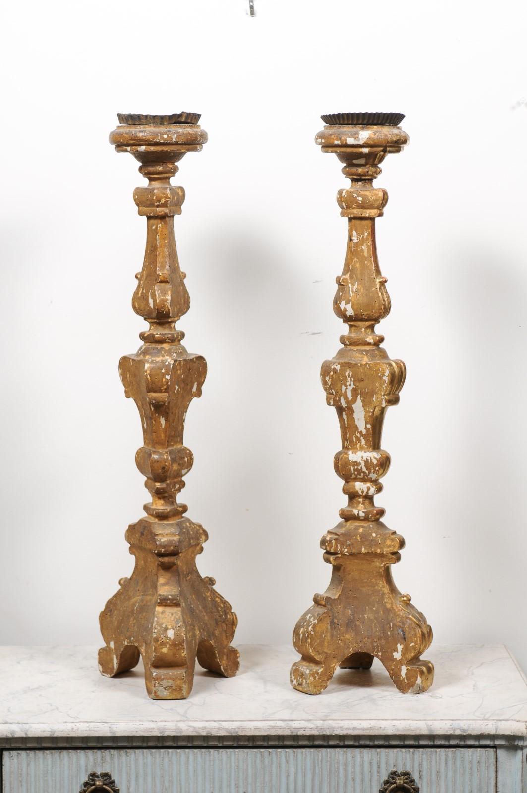 Pair of French 19th Century Gilt Candlesticks with Carved Foliage and Volutes For Sale 4