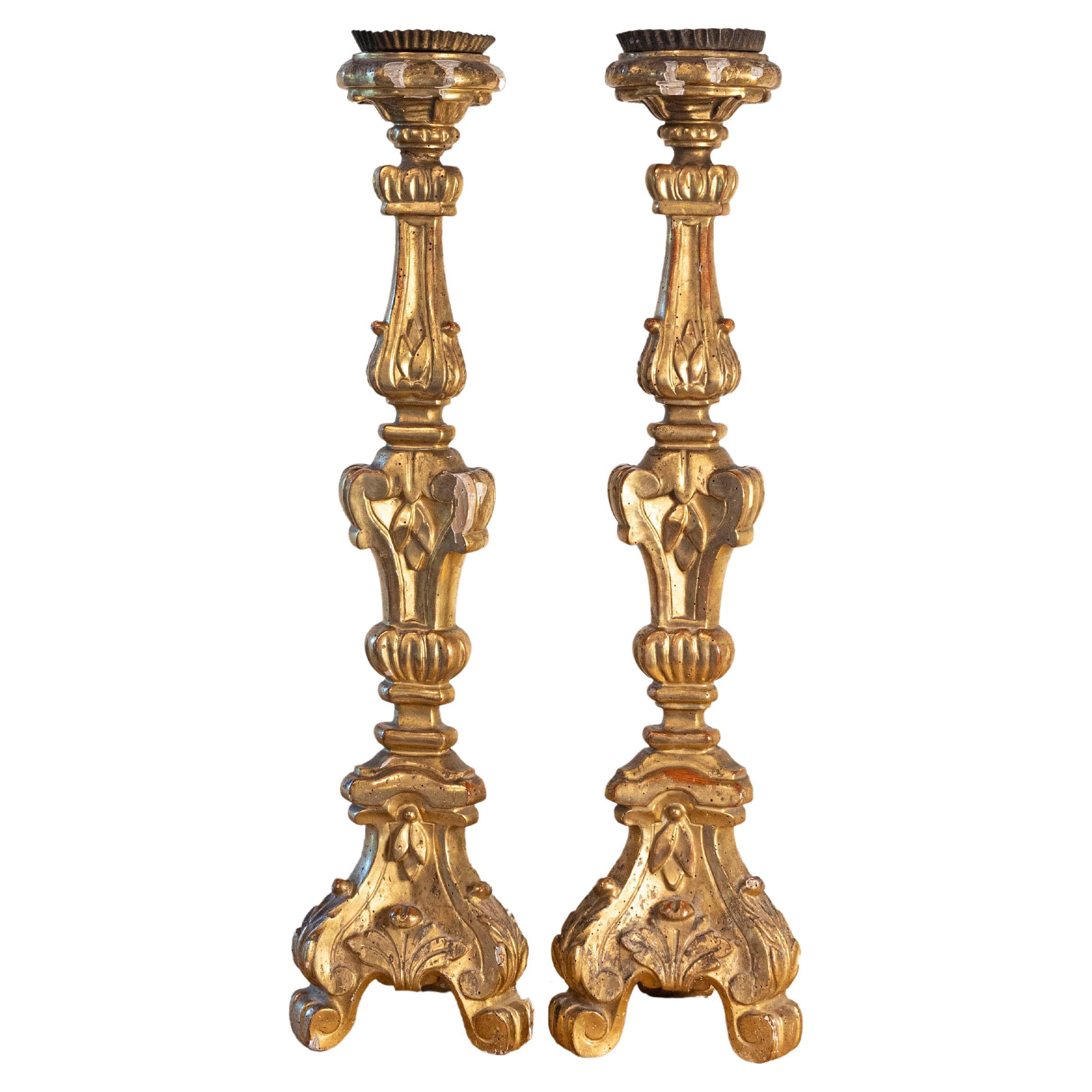 Pair of French 19th Century Gilt Candlesticks with Carved Foliage and Volutes