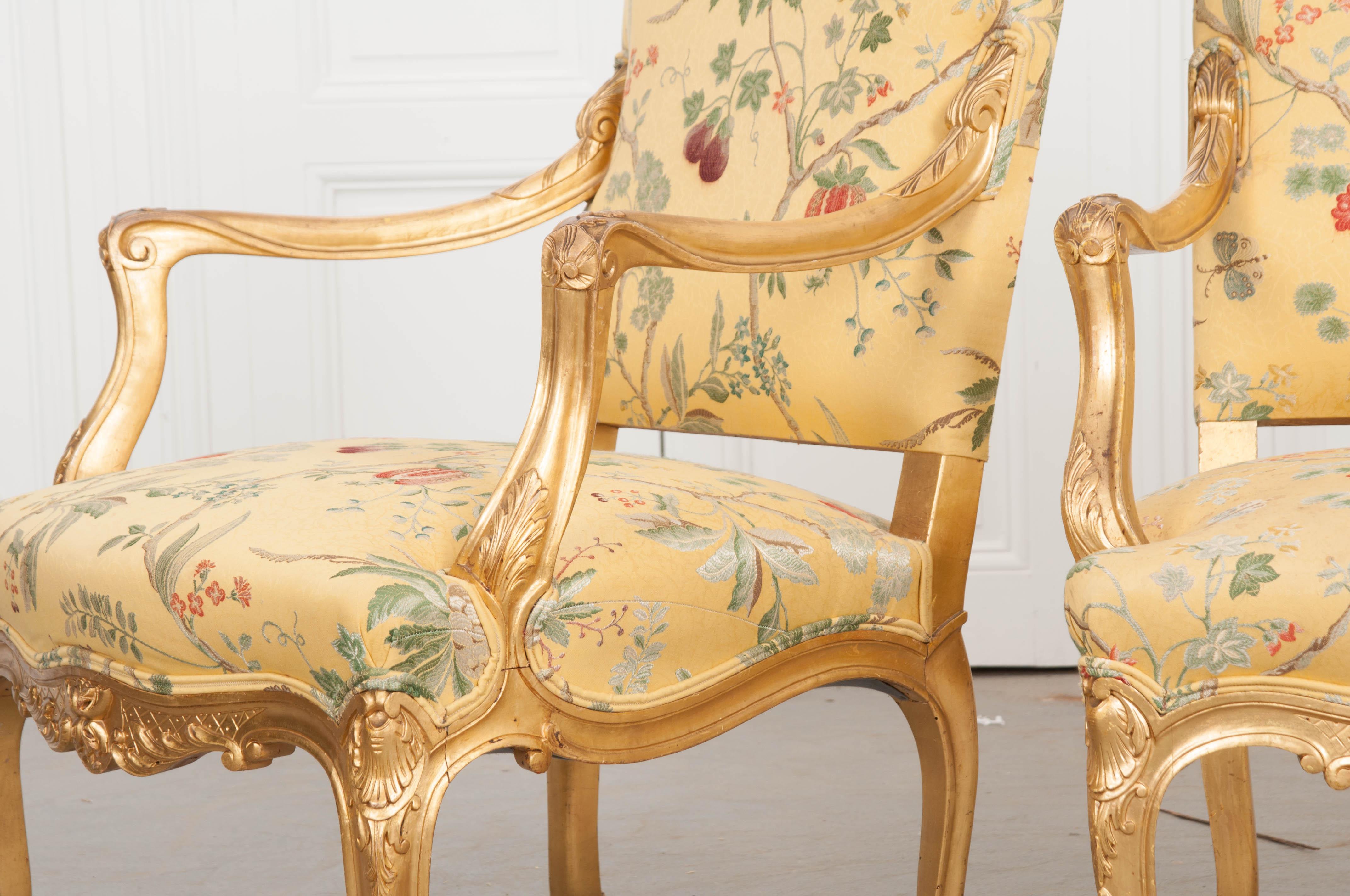 Pair of French 19th Century Gold Gilt Louis XV Armchairs 5