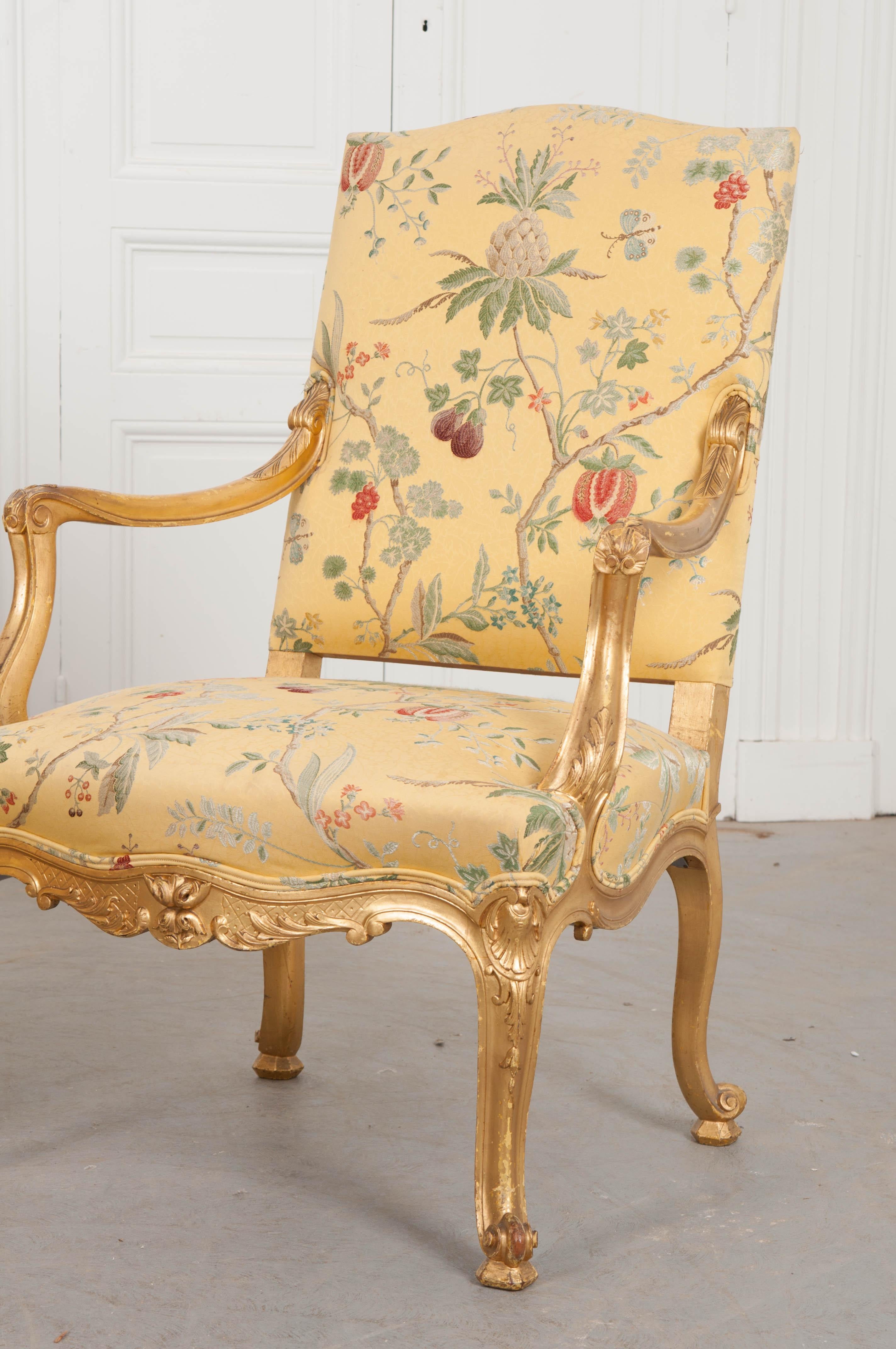 Hand-Carved Pair of French 19th Century Gold Gilt Louis XV Armchairs