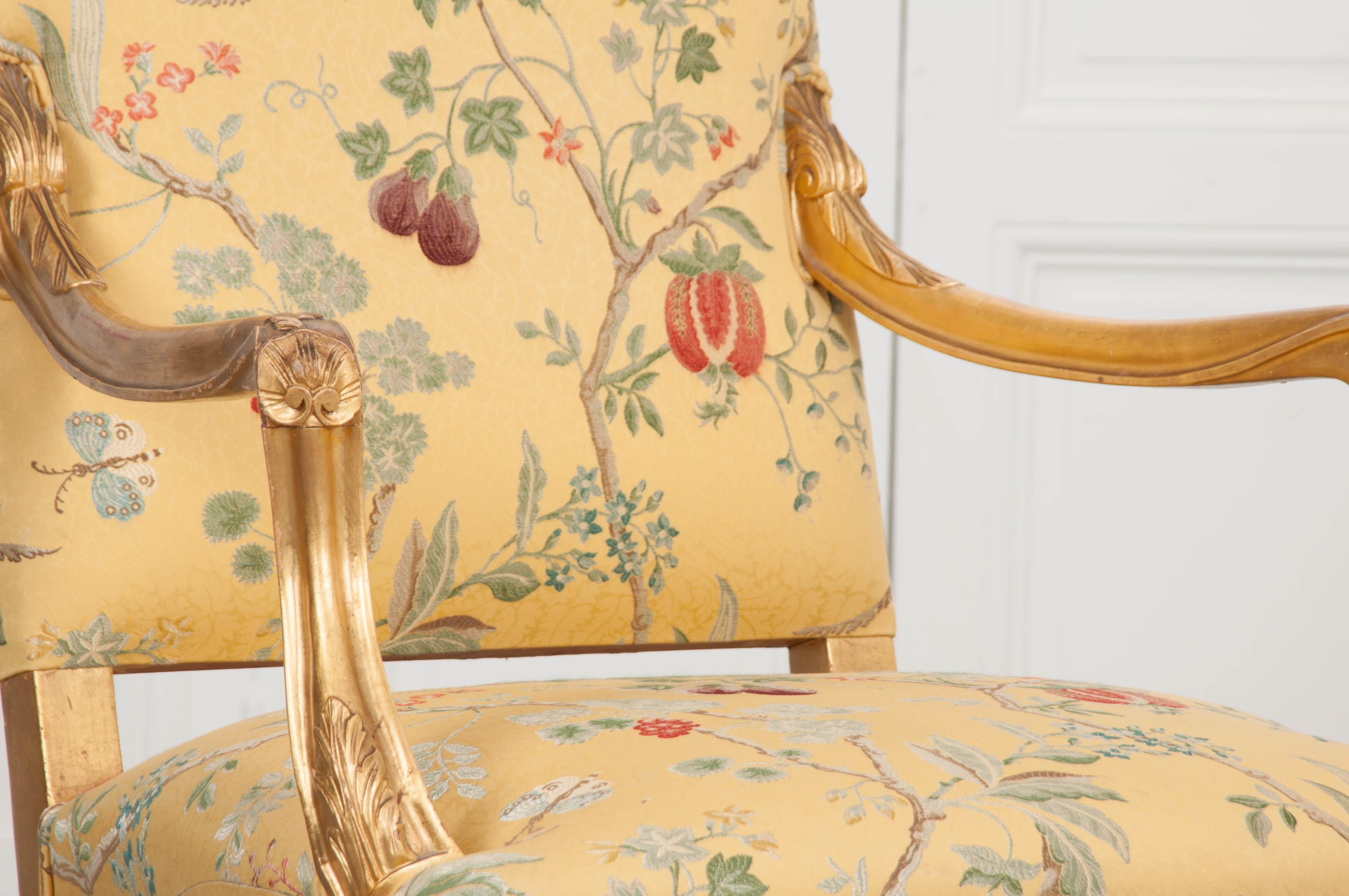 Silk Pair of French 19th Century Gold Gilt Louis XV Armchairs