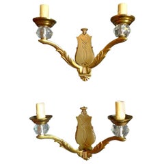 Pair of French 19th Century Gold-Plated Sconces with 2 Lights and Glass Holders