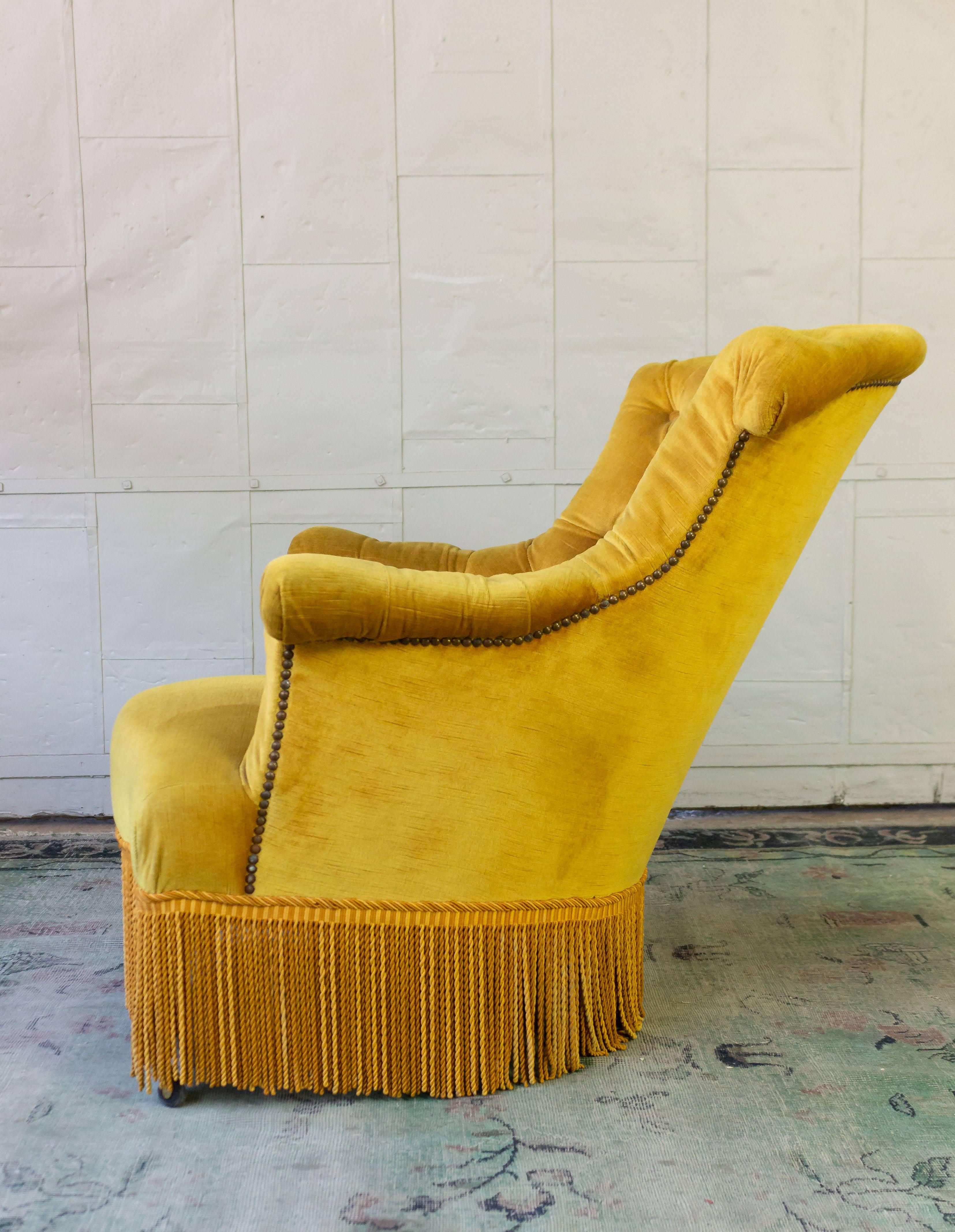 Fabric Pair of French 19th Century Gold Velvet Armchairs