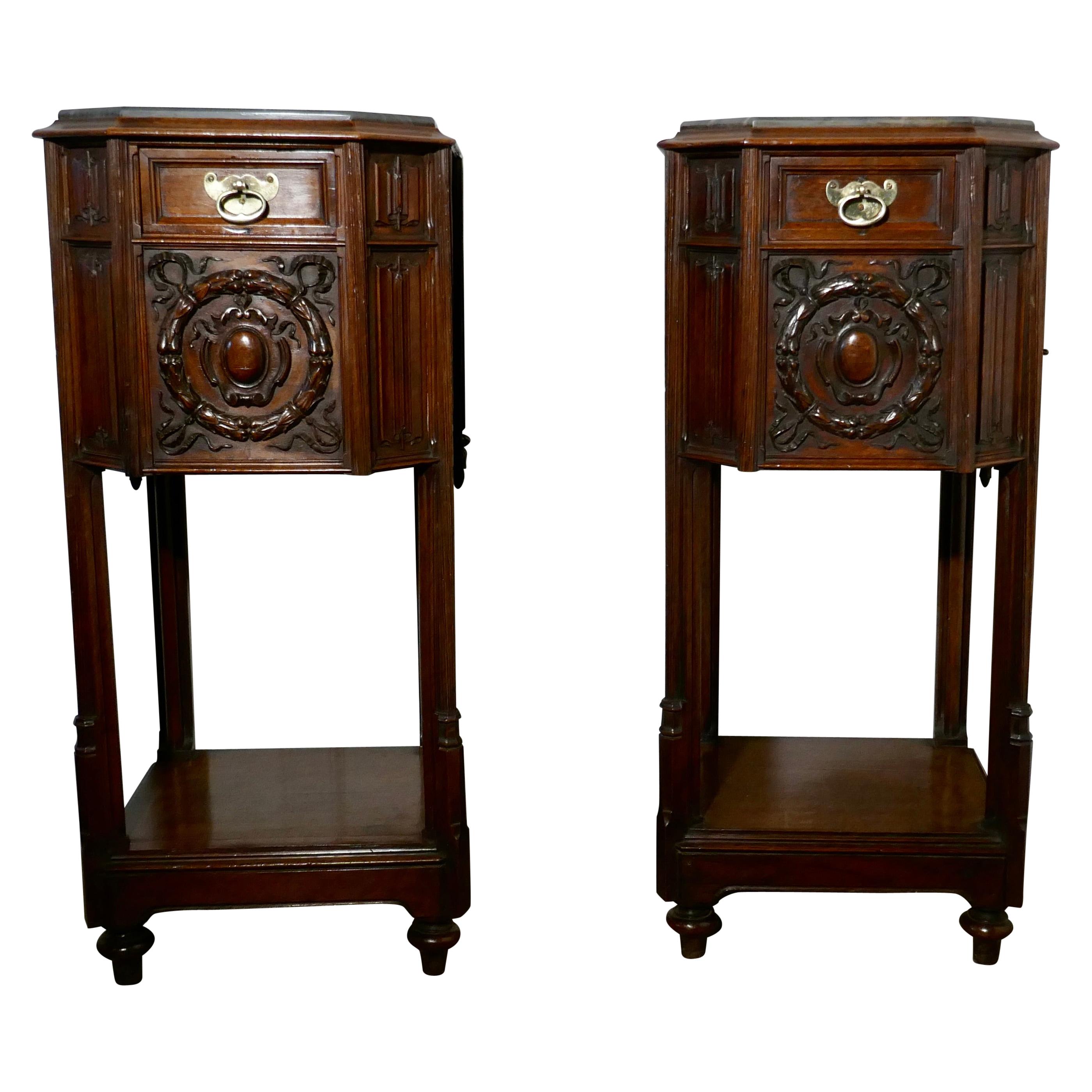 Pair of French 19th Century Gothic Oak Bedside Cupboards For Sale