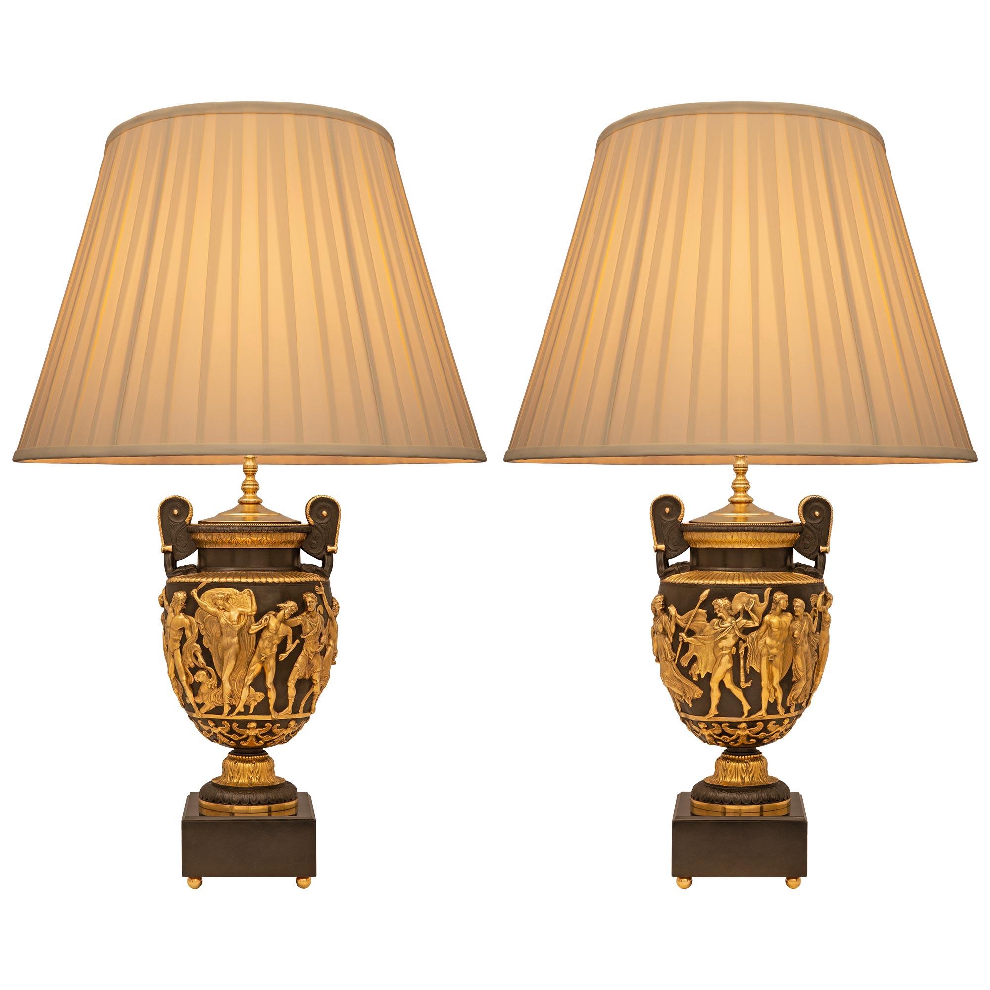 Pair Of French 19th Century Grand Tour Period Bronze, Ormolu, And Marble Lamps For Sale 5