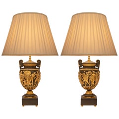 Paire de lampes françaises d'époque Grand Tour du 19ème siècle en bronze, bronze doré et marbre