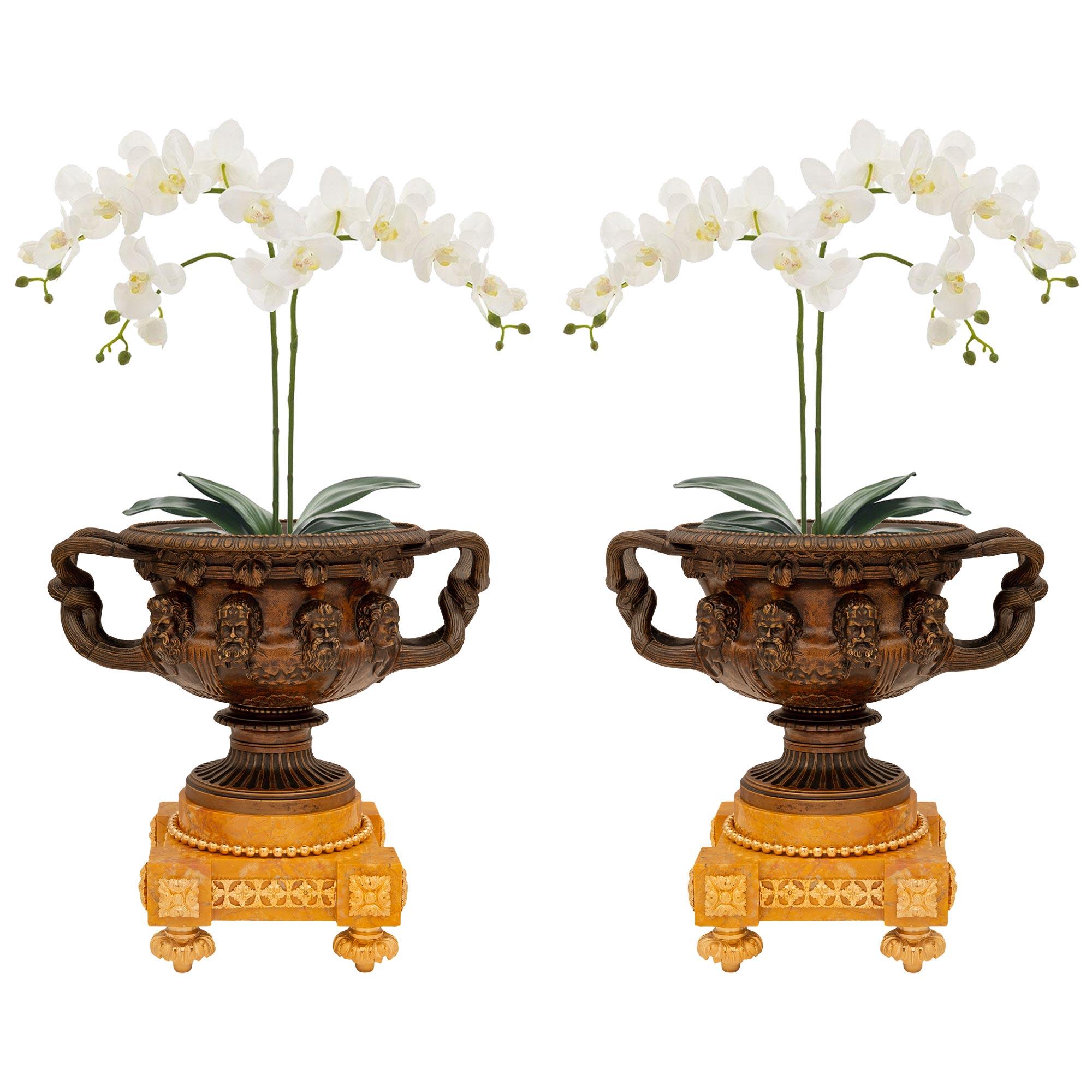 Une belle paire de vases Warwick en marbre de Sienne, bronze doré et bronze patiné, d'époque Louis XVI et du Grand Tour du 19ème siècle. La paire d'urnes est surélevée par des bases carrées qui reposent sur des supports circulaires en forme de topie