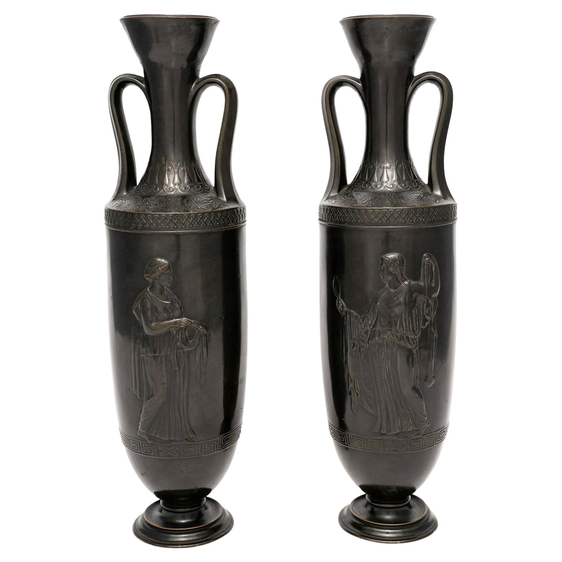 Pair of French 19th Century Greek Revival Neoclassical Patinated Bronze Vases For Sale