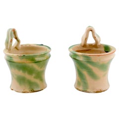 Pair of French 19th Century Green and Yellow Glazed Pottery Hanging Planters