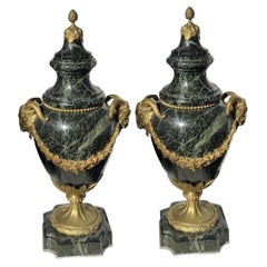 Pair of French 19th Century Green Marble and Bronze Vases/Urns