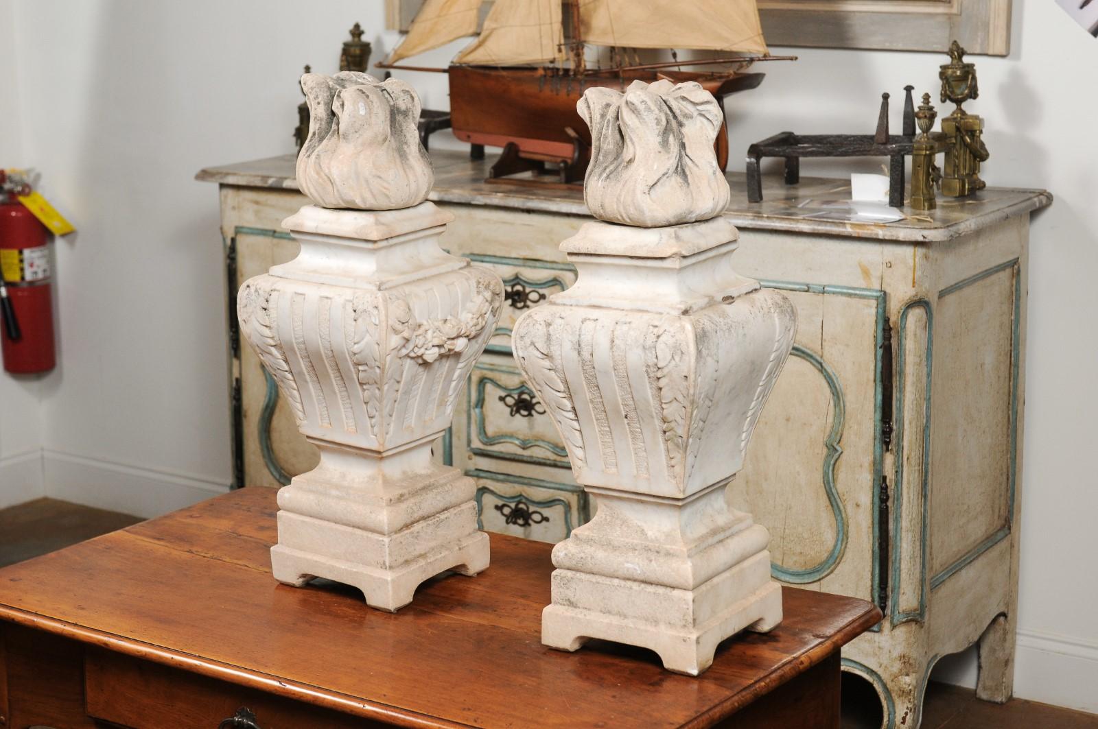 Pair of French 19th Century Hand Carved White Marble Pots À Feu with Swags 5