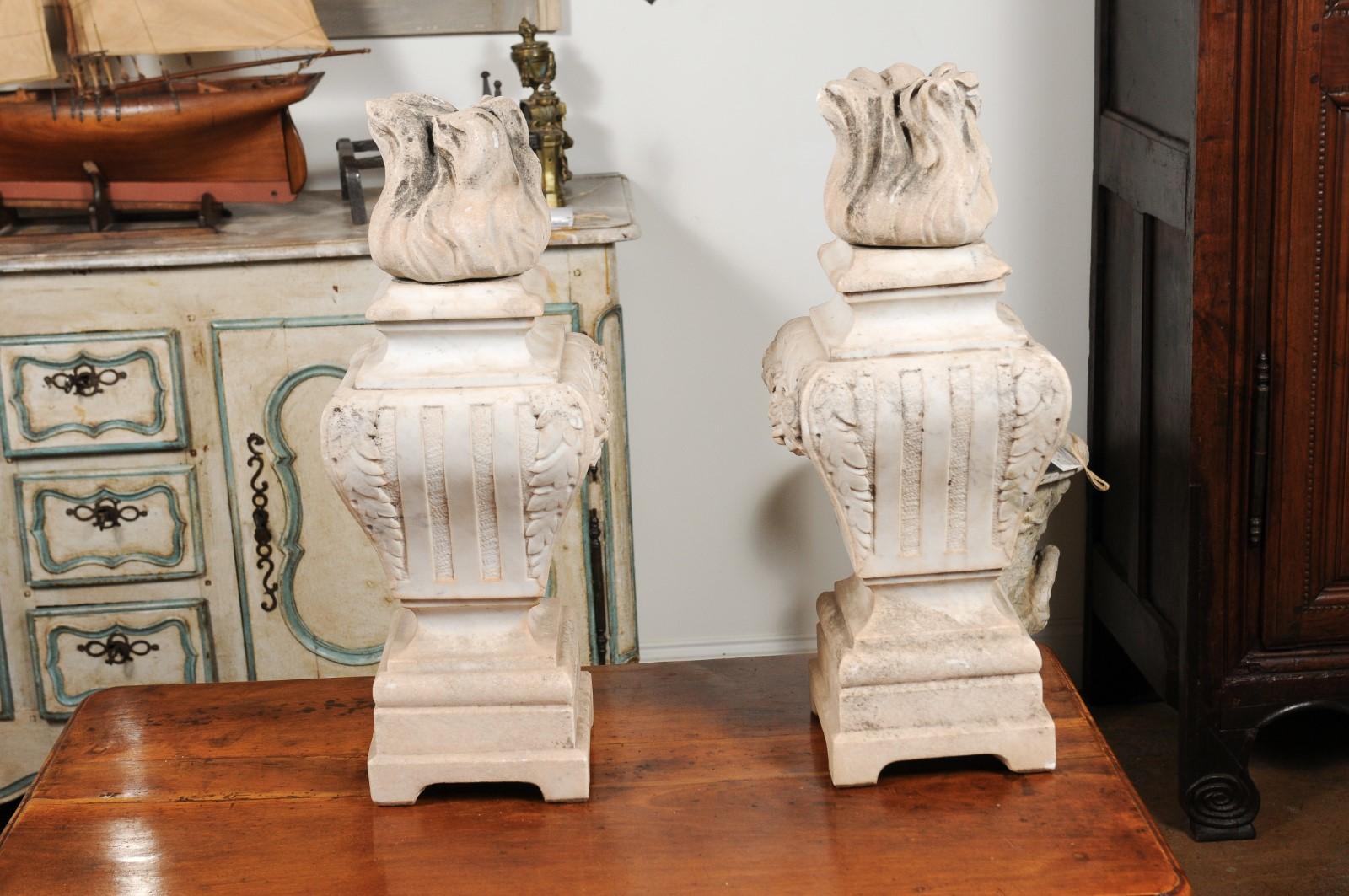 Pair of French 19th Century Hand Carved White Marble Pots À Feu with Swags 1