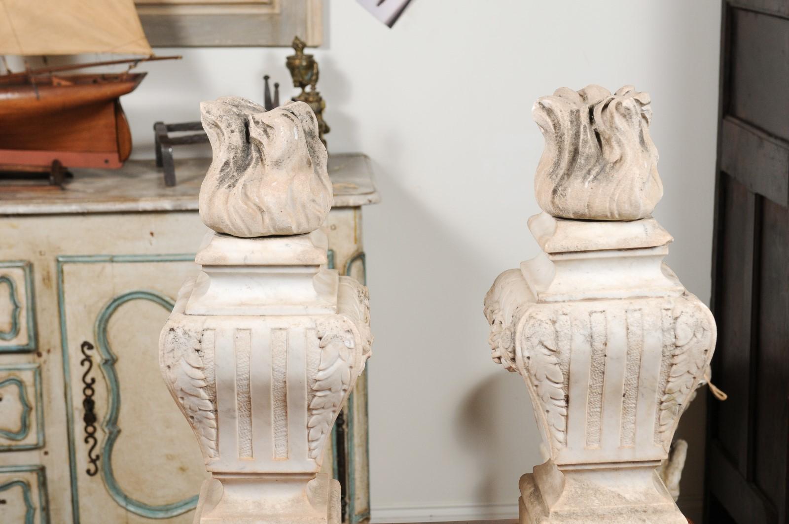 Pair of French 19th Century Hand Carved White Marble Pots À Feu with Swags 2