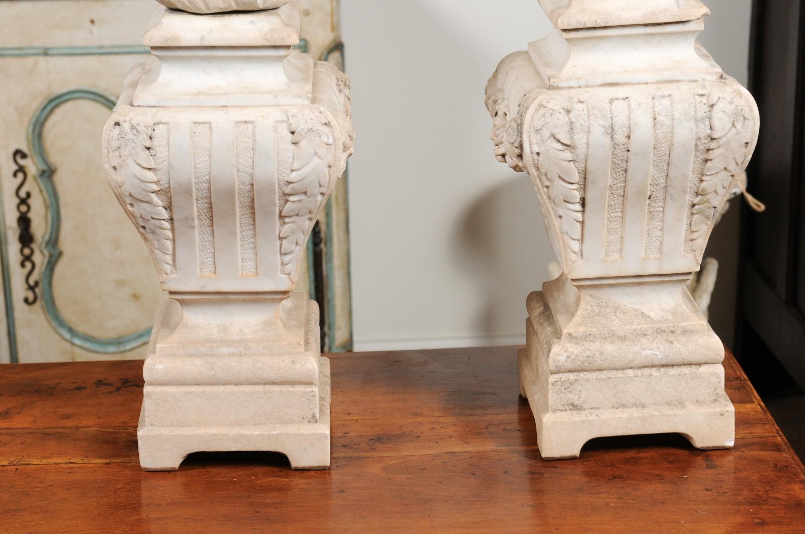 Pair of French 19th Century Hand Carved White Marble Pots À Feu with Swags 3