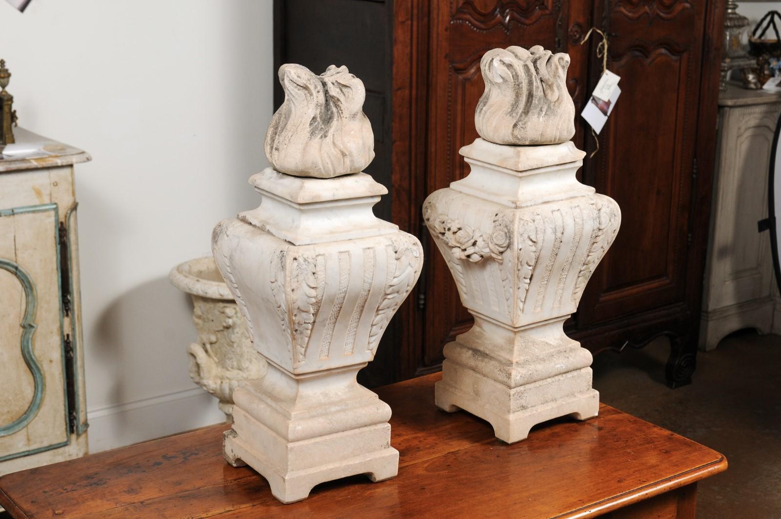 Pair of French 19th Century Hand Carved White Marble Pots À Feu with Swags 4