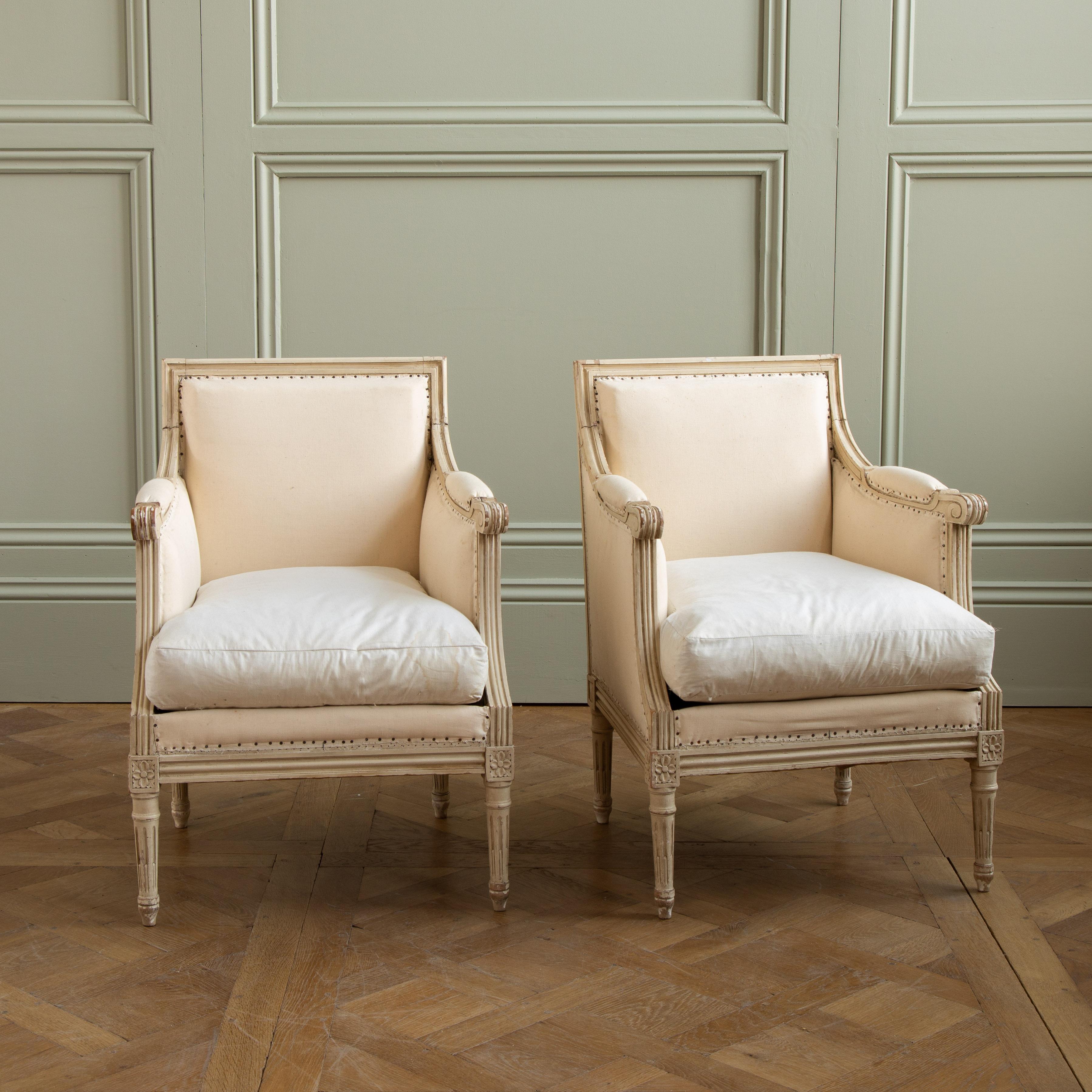 Upholstery Pair Of French 19th Century Hand Painted Bergere Chairs In Antique White Patina