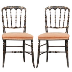 Antique Pair of French 19th Century Hand Painted Ebony Opera Chairs