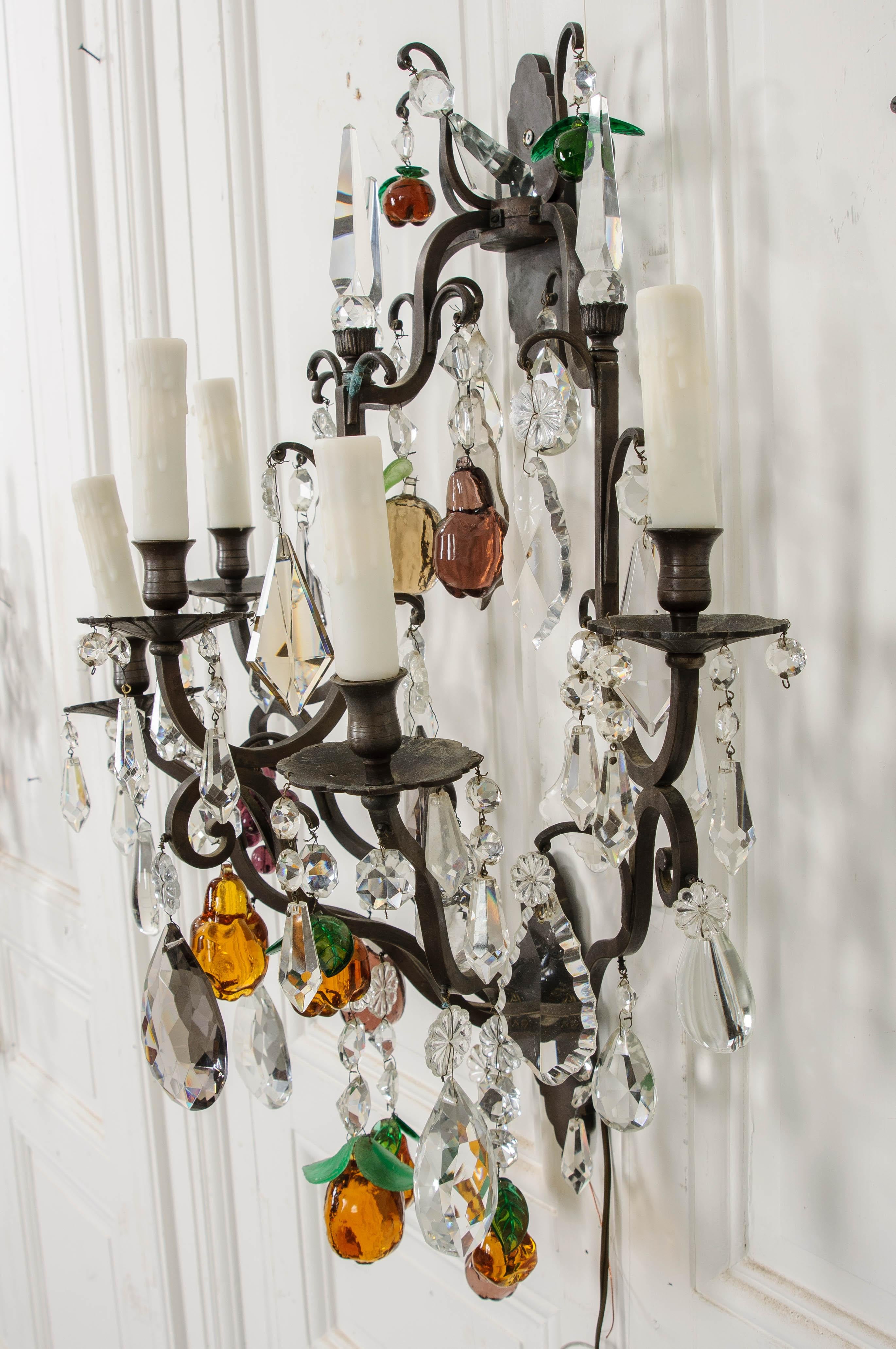 Pair of French 19th Century Iron and Crystal Fruitage Sconces For Sale 6
