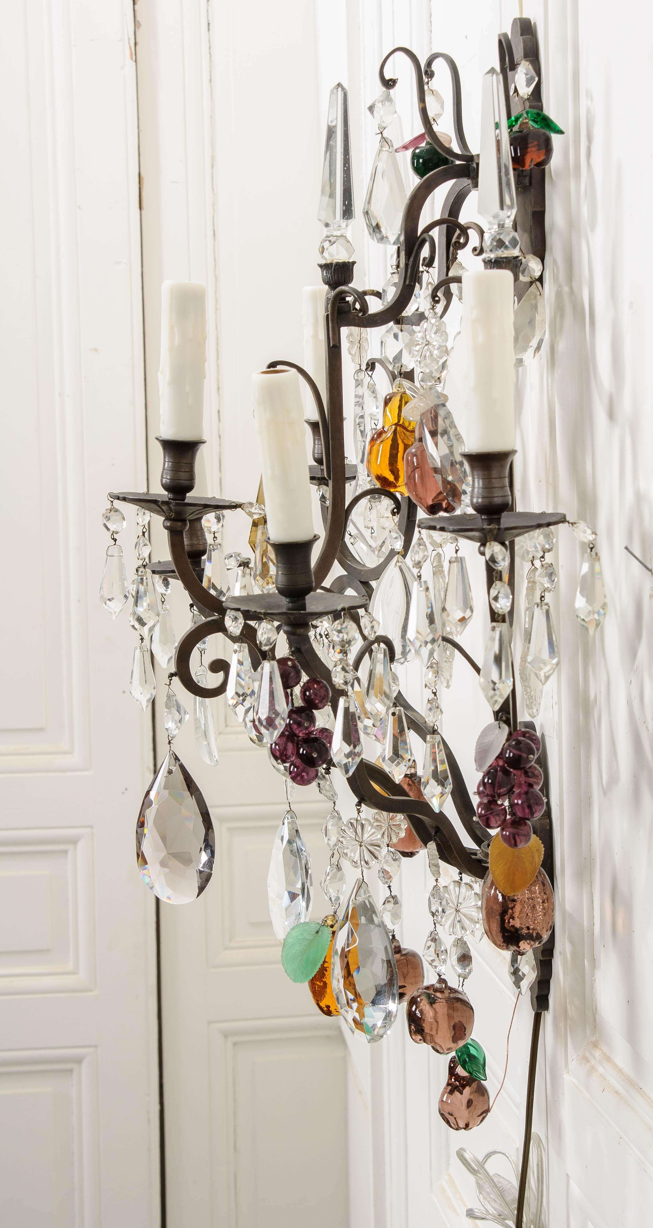 Pair of French 19th Century Iron and Crystal Fruitage Sconces For Sale 7