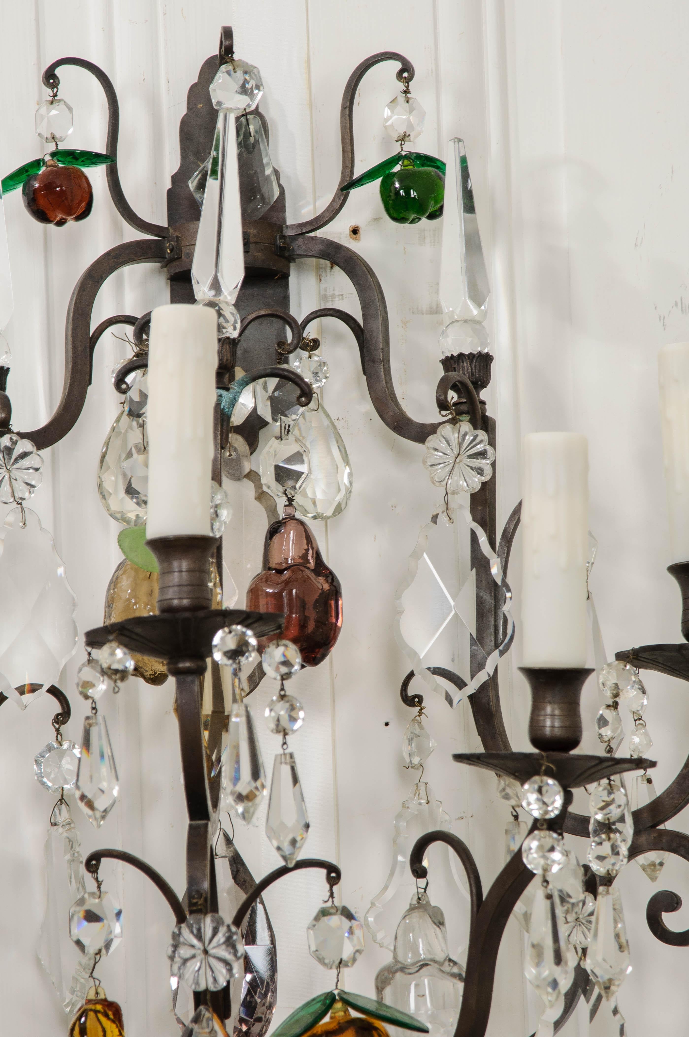 Pair of French 19th Century Iron and Crystal Fruitage Sconces For Sale 8