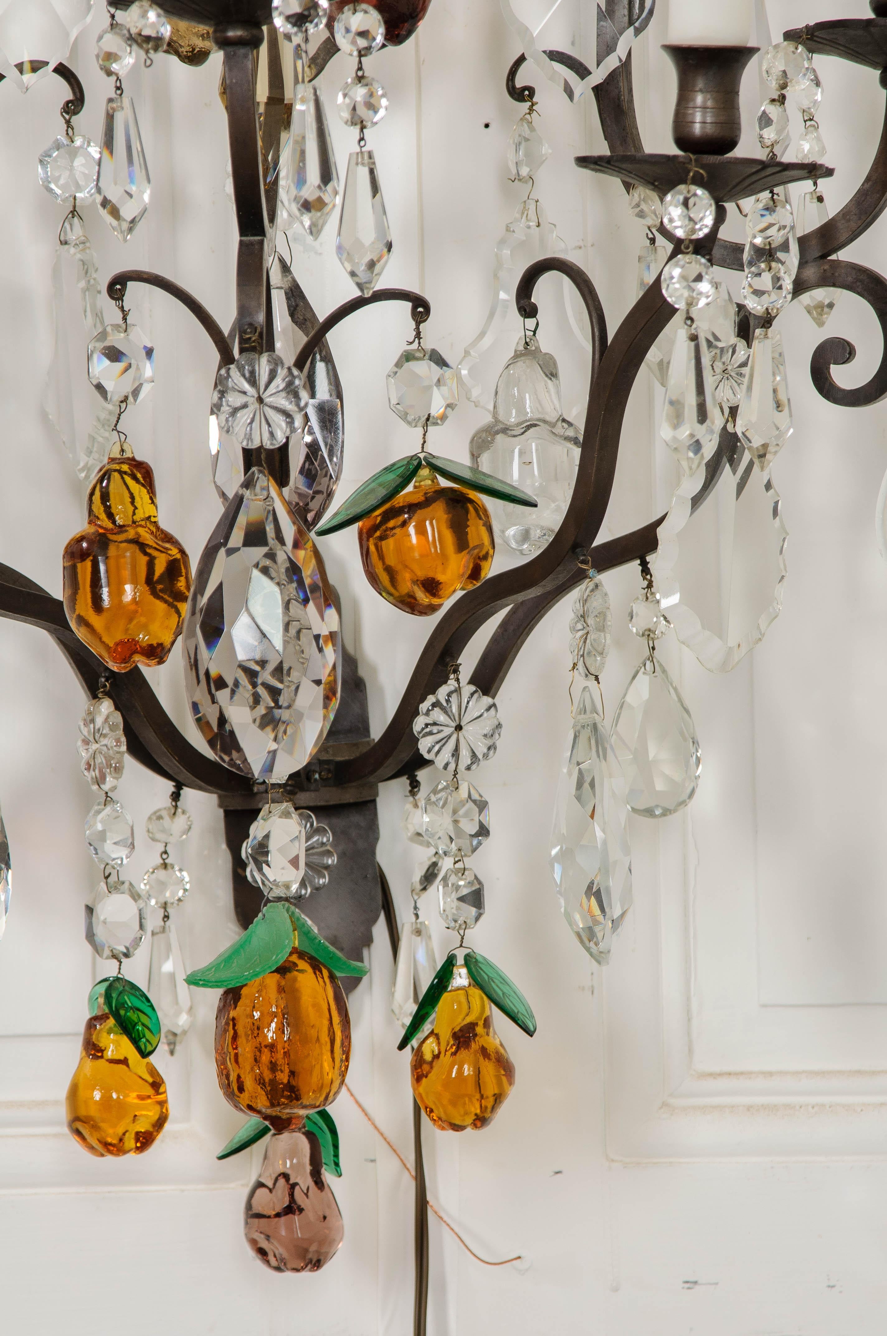 Pair of French 19th Century Iron and Crystal Fruitage Sconces For Sale 9