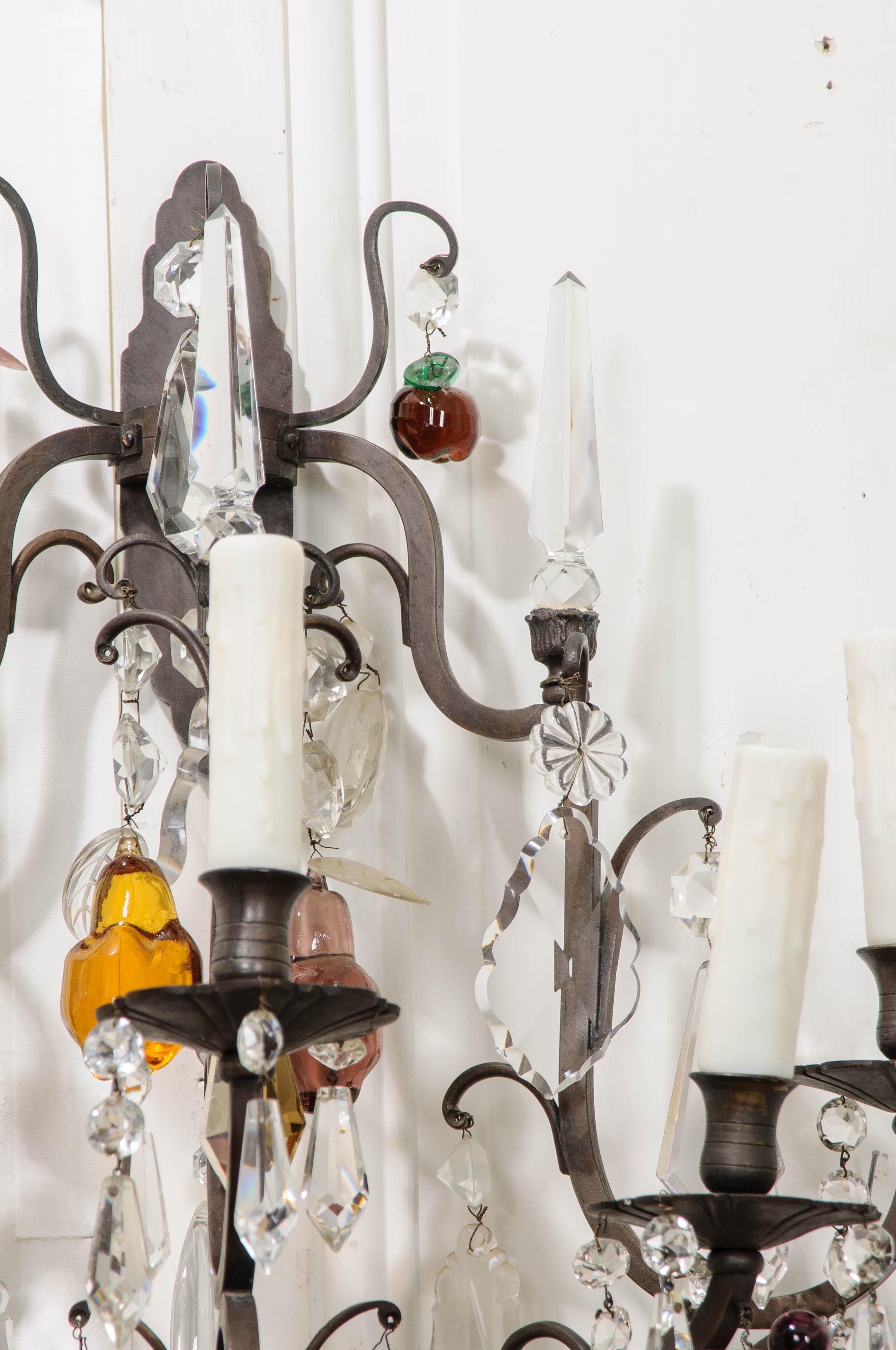 Pair of French 19th Century Iron and Crystal Fruitage Sconces For Sale 10