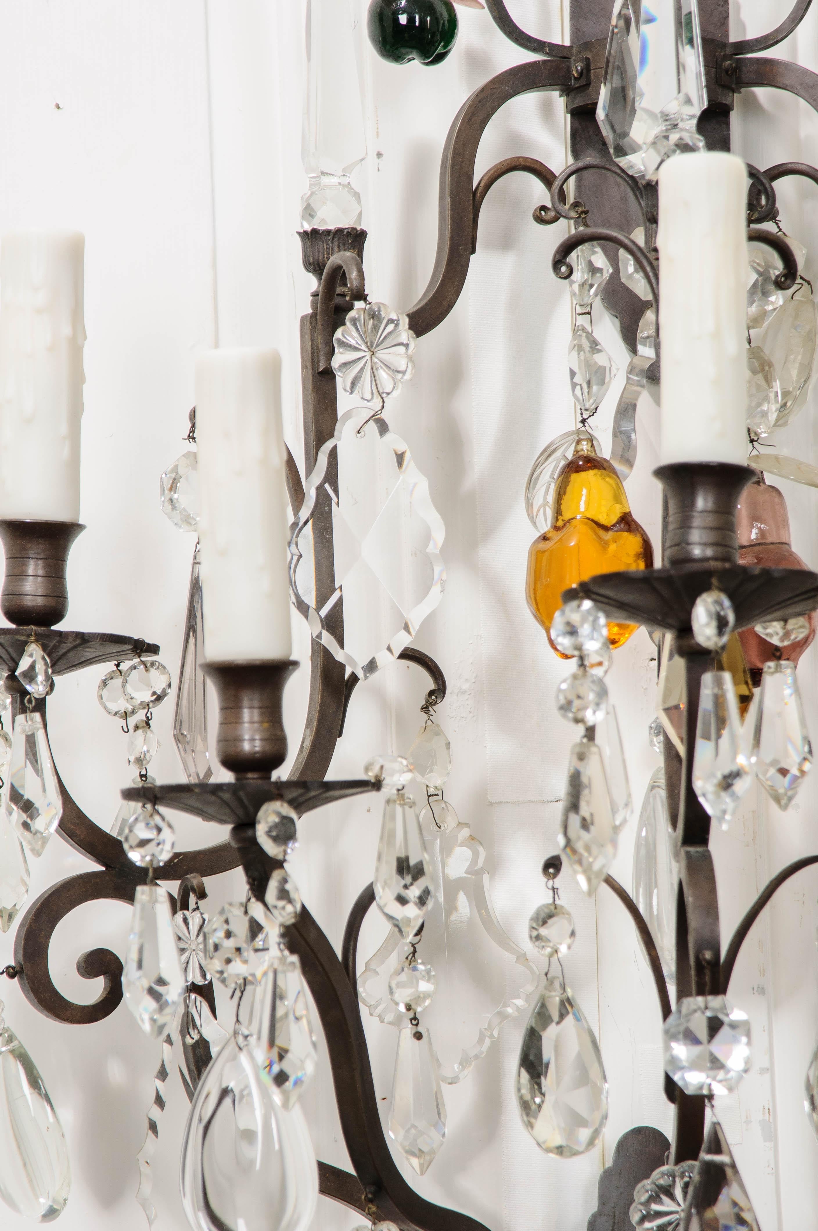 Pair of French 19th Century Iron and Crystal Fruitage Sconces For Sale 11