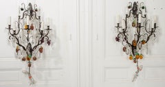 Pair of French 19th Century Iron and Crystal Fruit Sconces