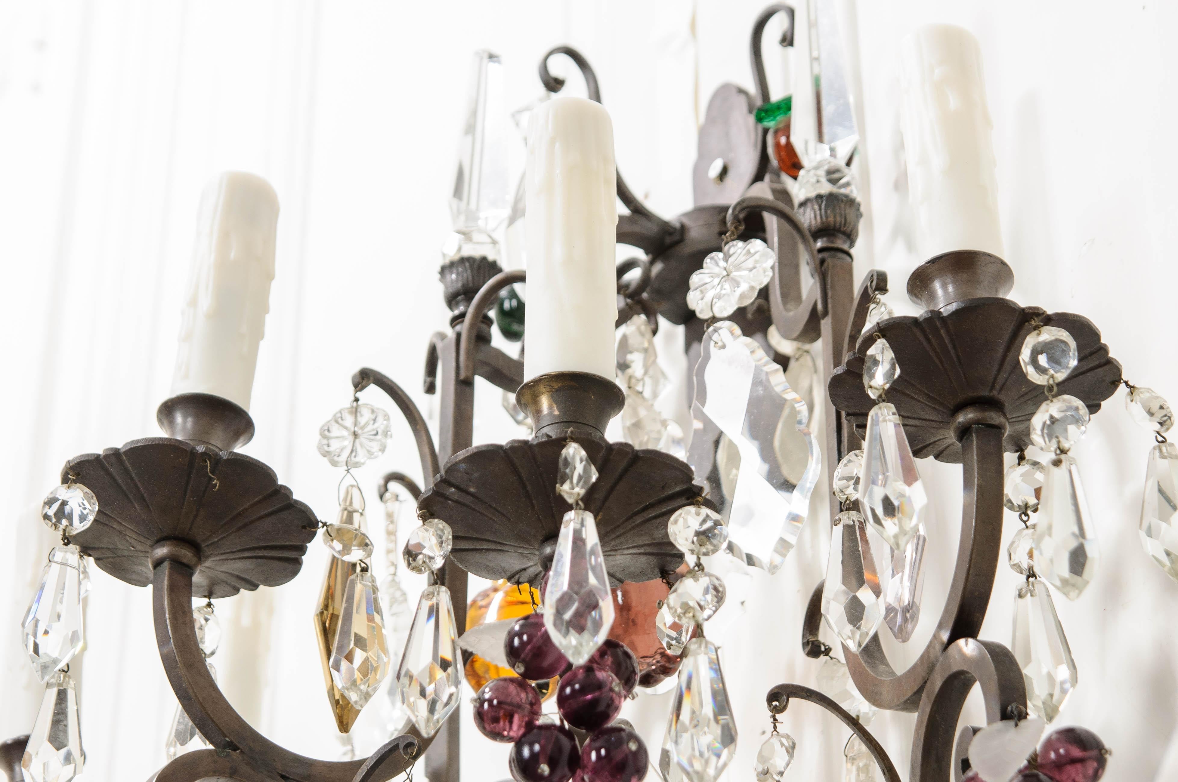Pair of French 19th Century Iron and Crystal Fruitage Sconces In Good Condition For Sale In Baton Rouge, LA