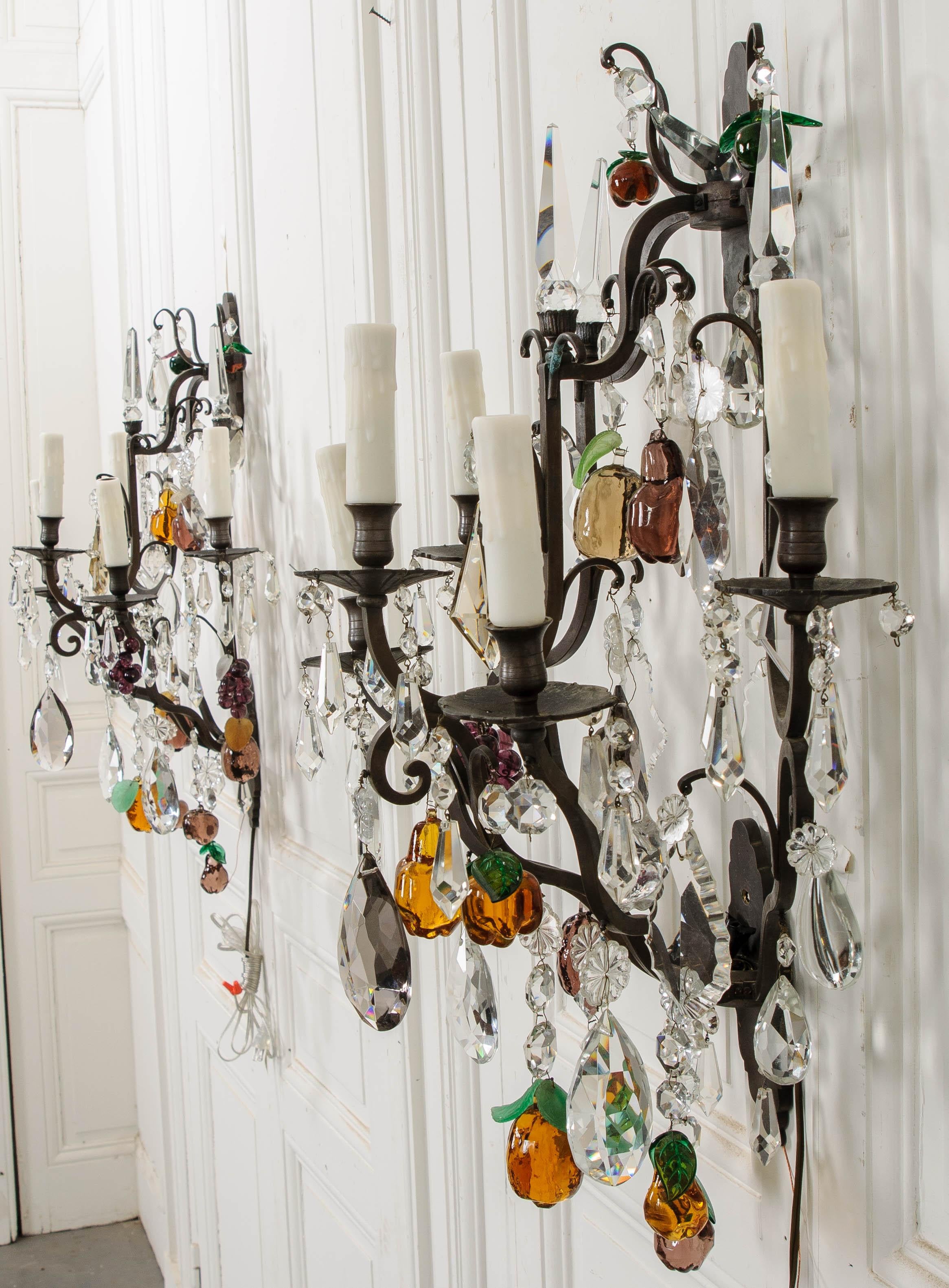 Pair of French 19th Century Iron and Crystal Fruitage Sconces For Sale 5