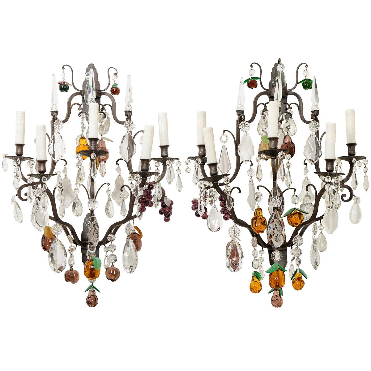 Pair of French 19th Century Iron and Crystal Fruitage Sconces