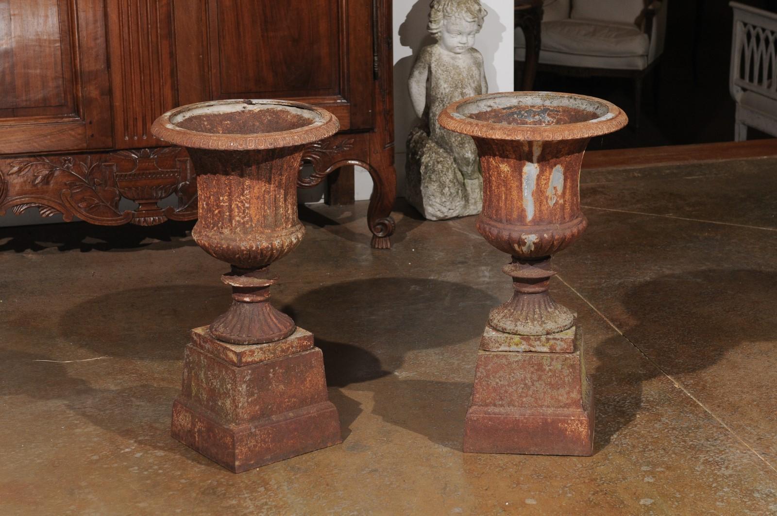 A pair of 19th century French rusty iron planters in the style of the vase Médicis, with pedestals and weathered patina. Created in France during the 19th century, each of this pair of iron vases features a chalice shape, inspired by the original