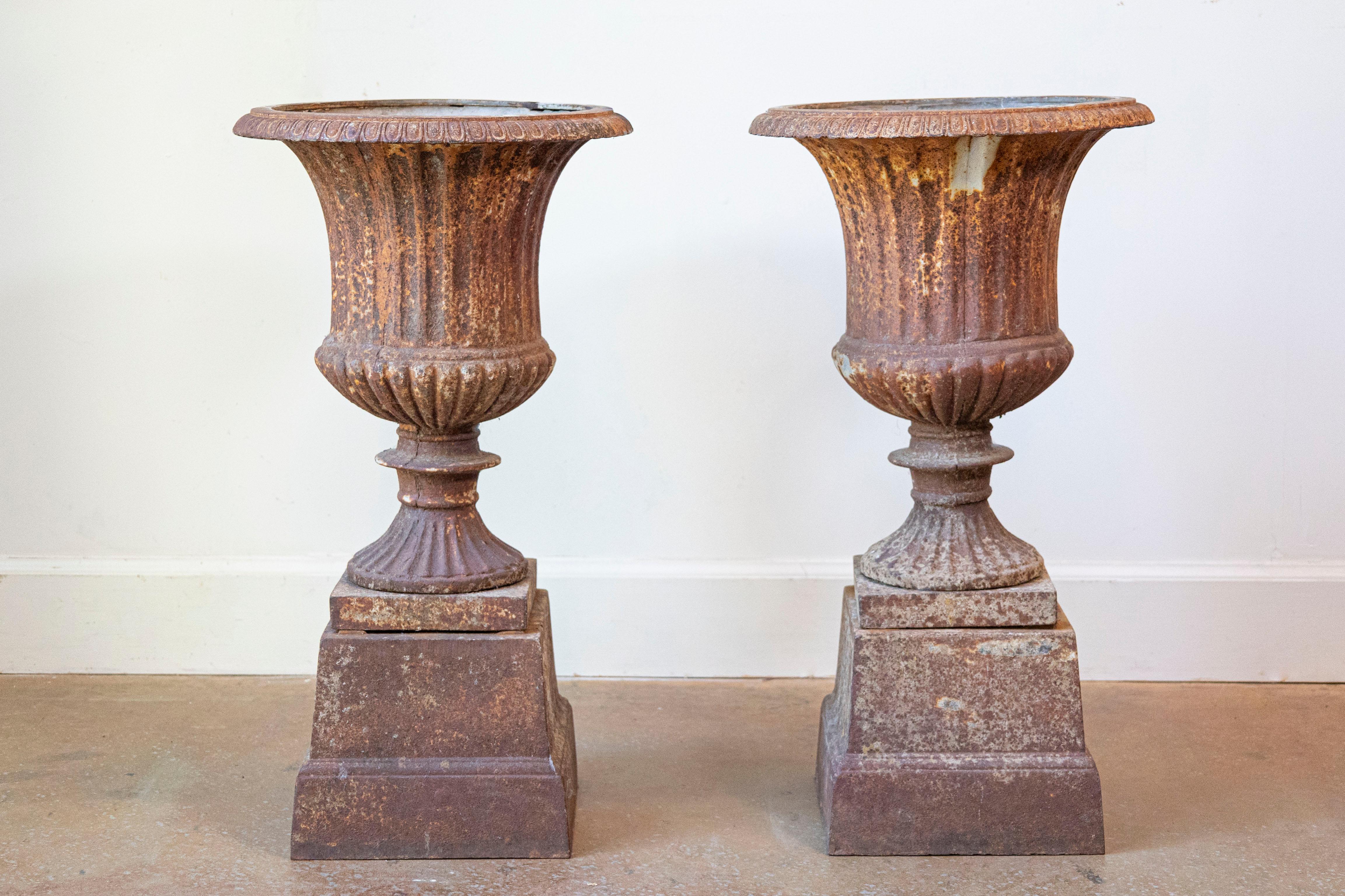 A pair of 19th century French rusty iron planters in the style of the vase Médicis, with pedestals and weathered patina. Created in France during the 19th century, each of this pair of iron vases features a chalice shape, inspired by the original