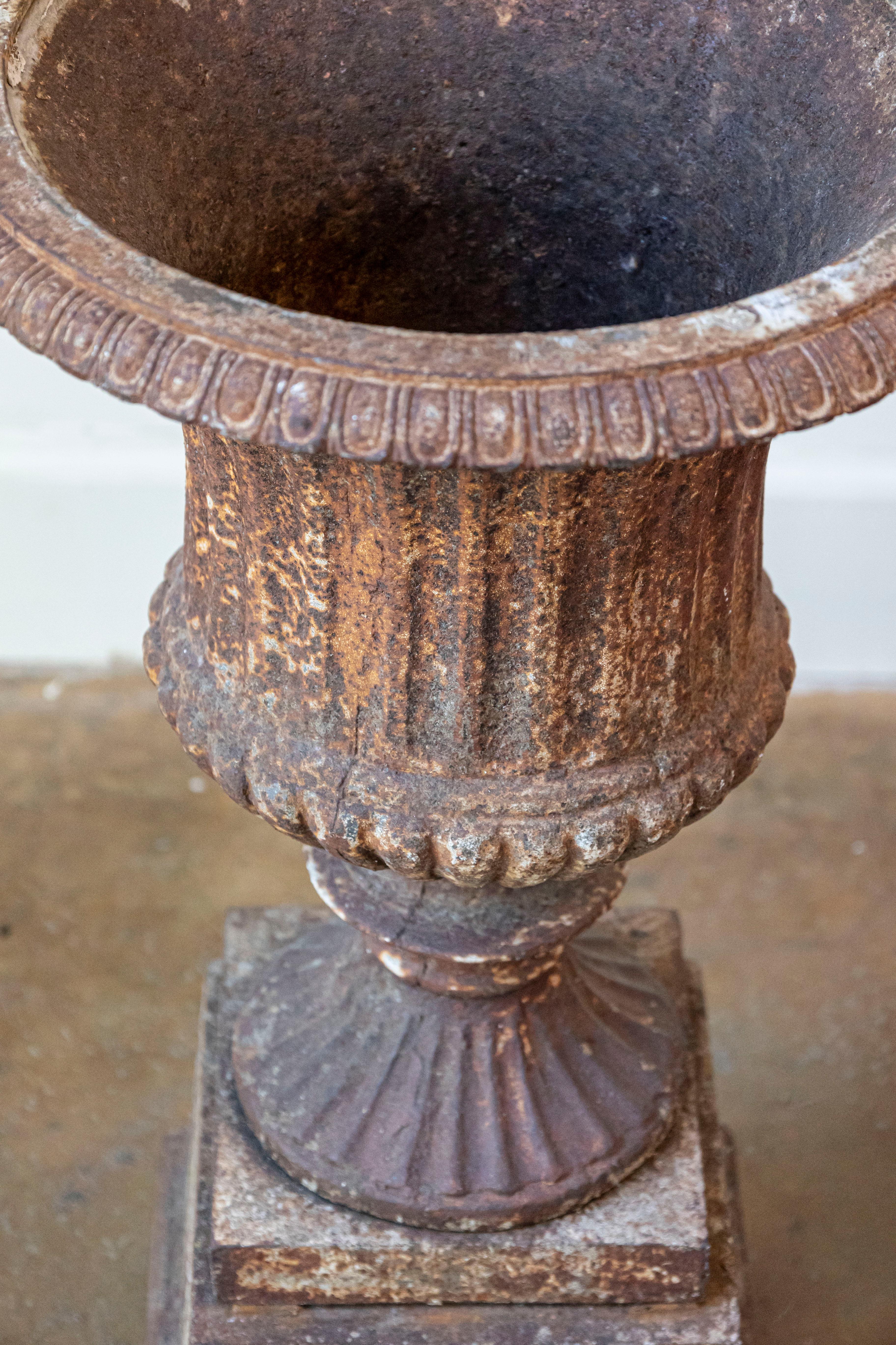 Pair of French 19th Century Iron Médicis Vases on Stepped Pedestals with Patina In Good Condition For Sale In Atlanta, GA