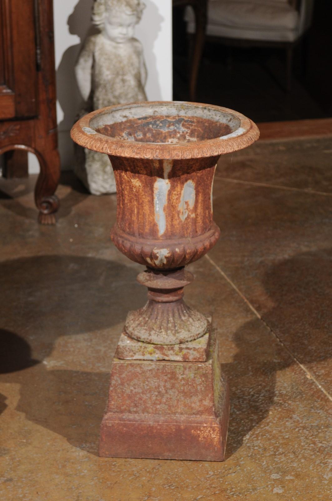 Pair of French 19th Century Iron Médicis Vases on Stepped Pedestals with Patina For Sale 1
