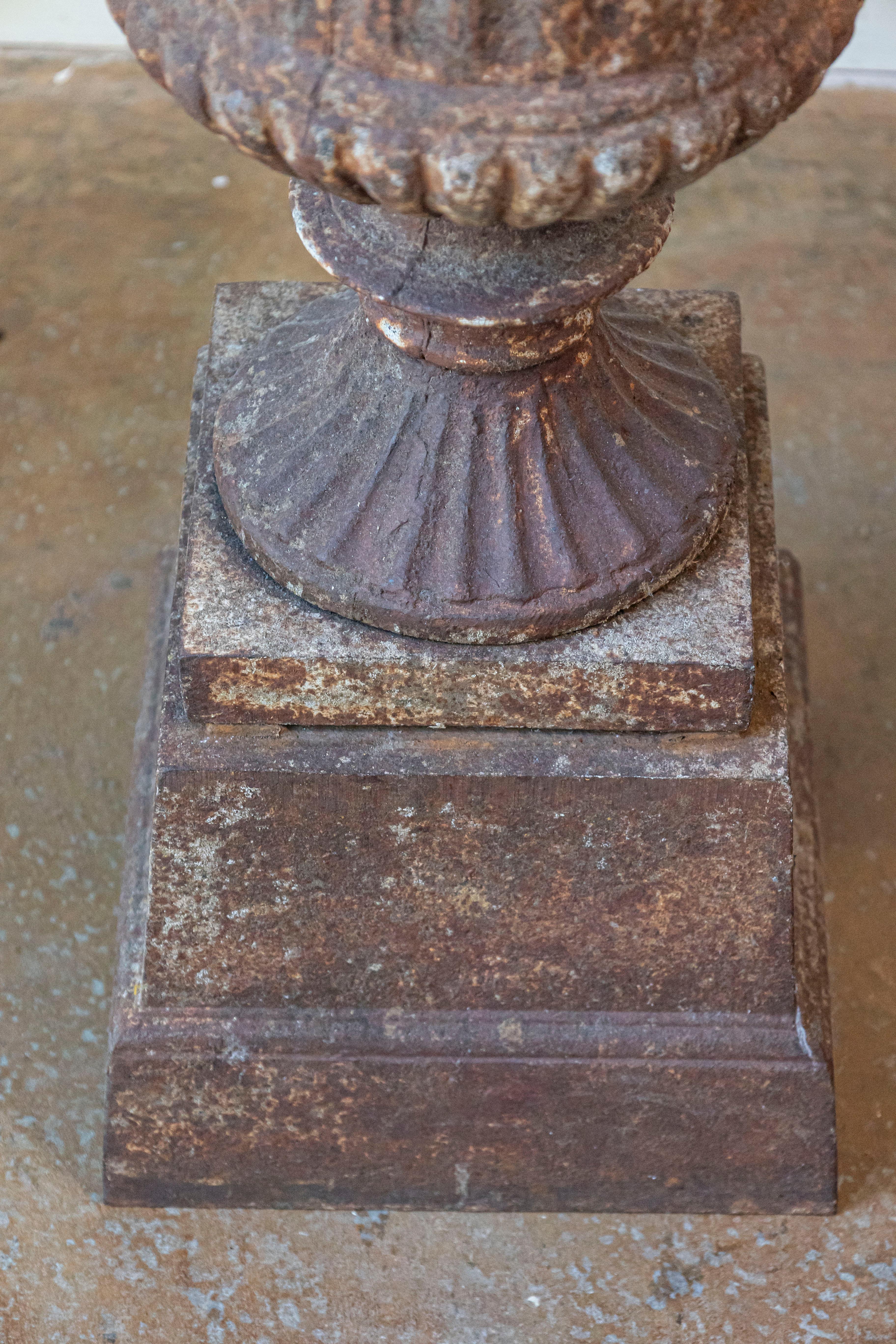 Pair of French 19th Century Iron Médicis Vases on Stepped Pedestals with Patina For Sale 1